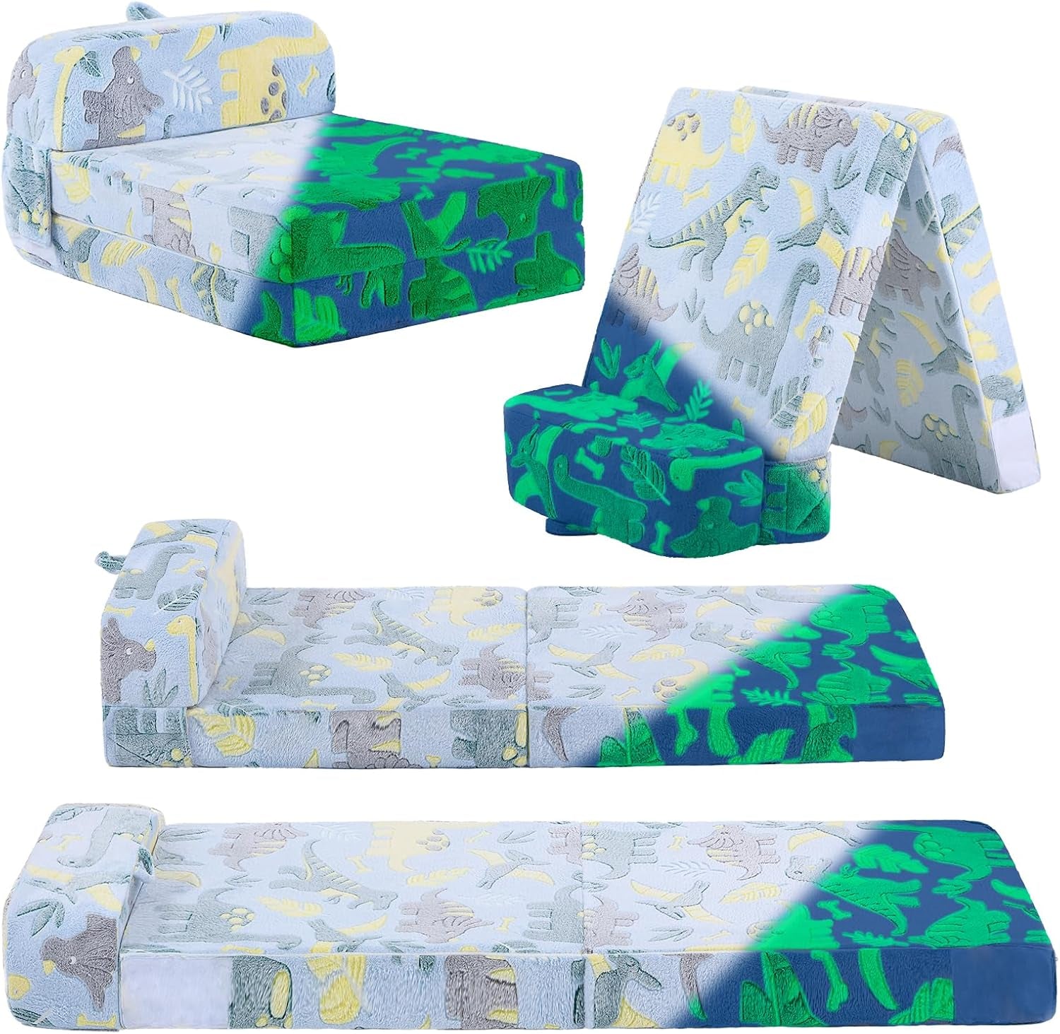 Four views of a dinosaur-patterned folding kids sofa bed shown folded, propped, partially unfolded, and flat with glow