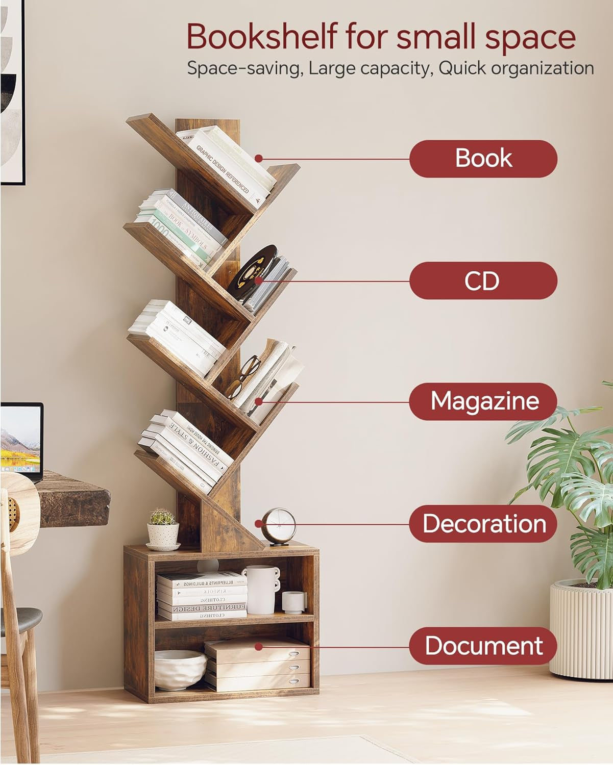 Stylized image of the tree bookshelf with callouts labeling shelves for books, CDs, magazines, decorations, and documents.