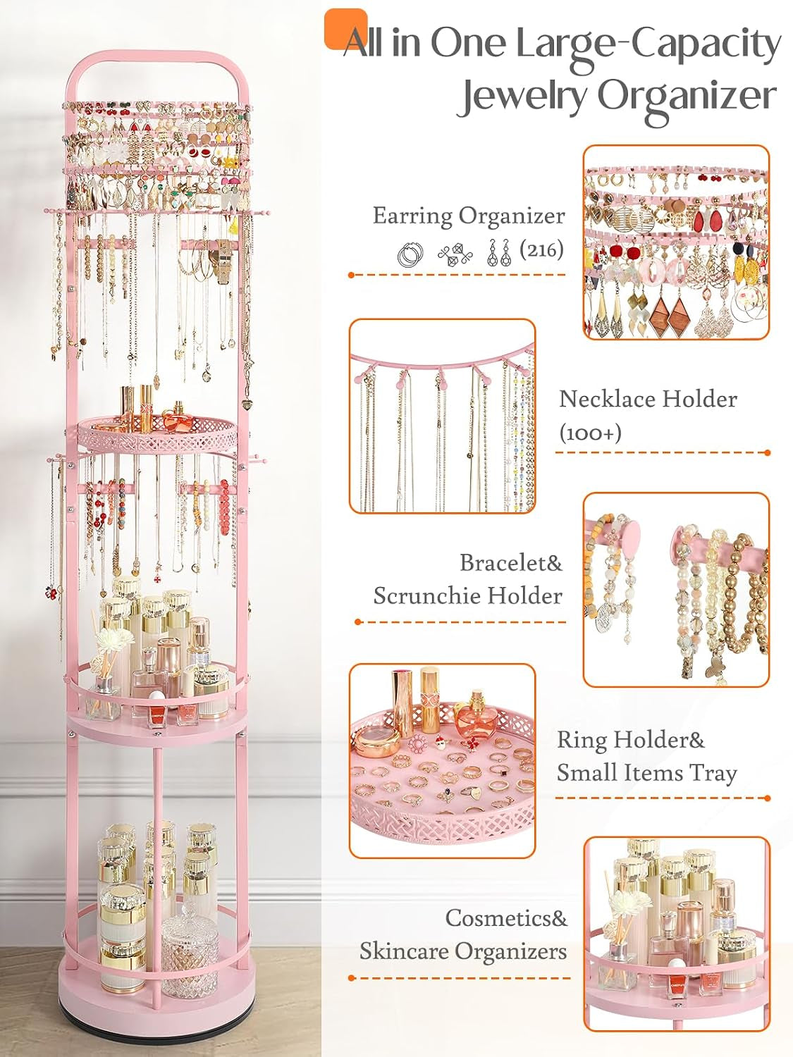 Graphic layout of pink rotating stand showing earring, necklace, bracelet and ring storage zones
