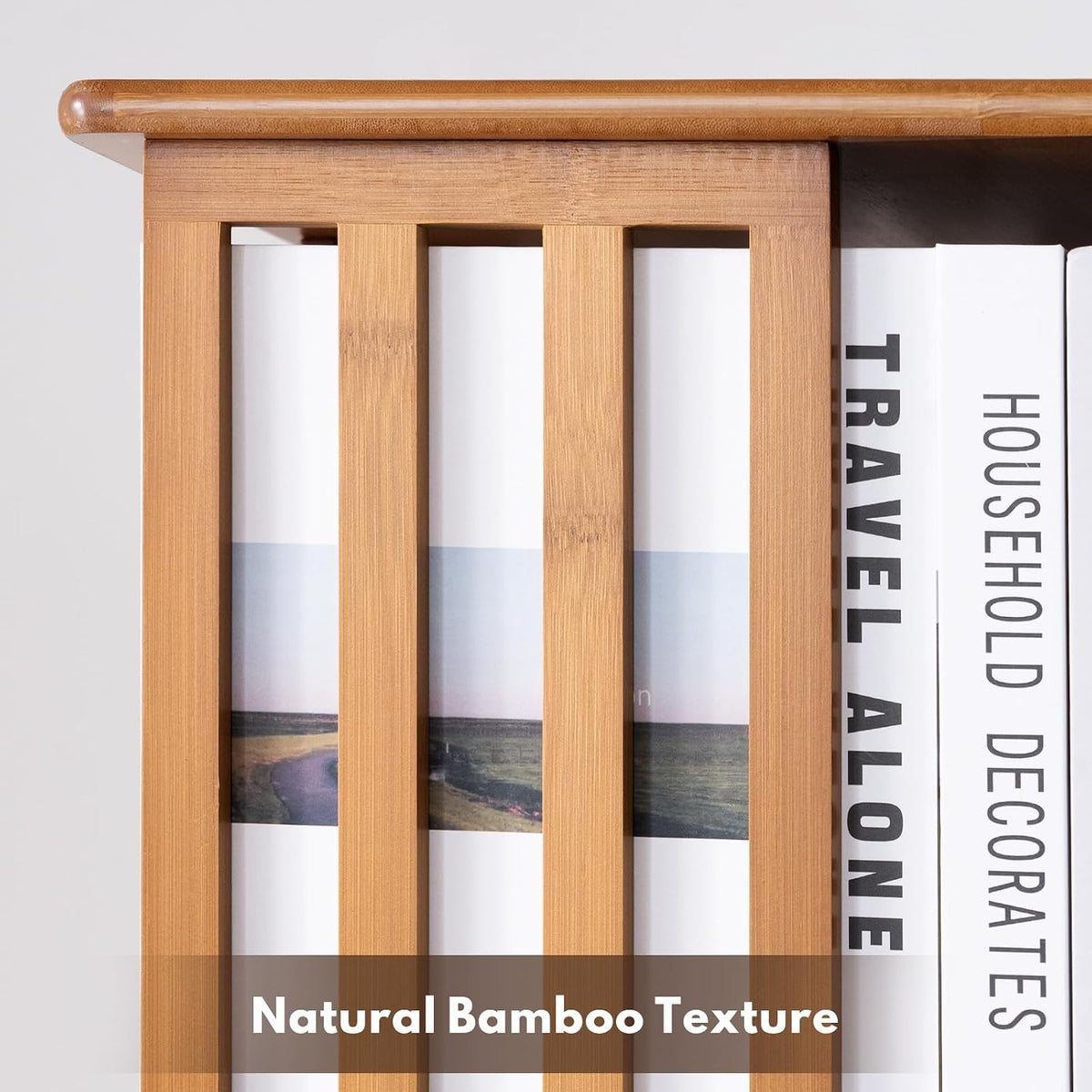 Close crop of the bookcase’s vertical bamboo slats with book spines visible between them