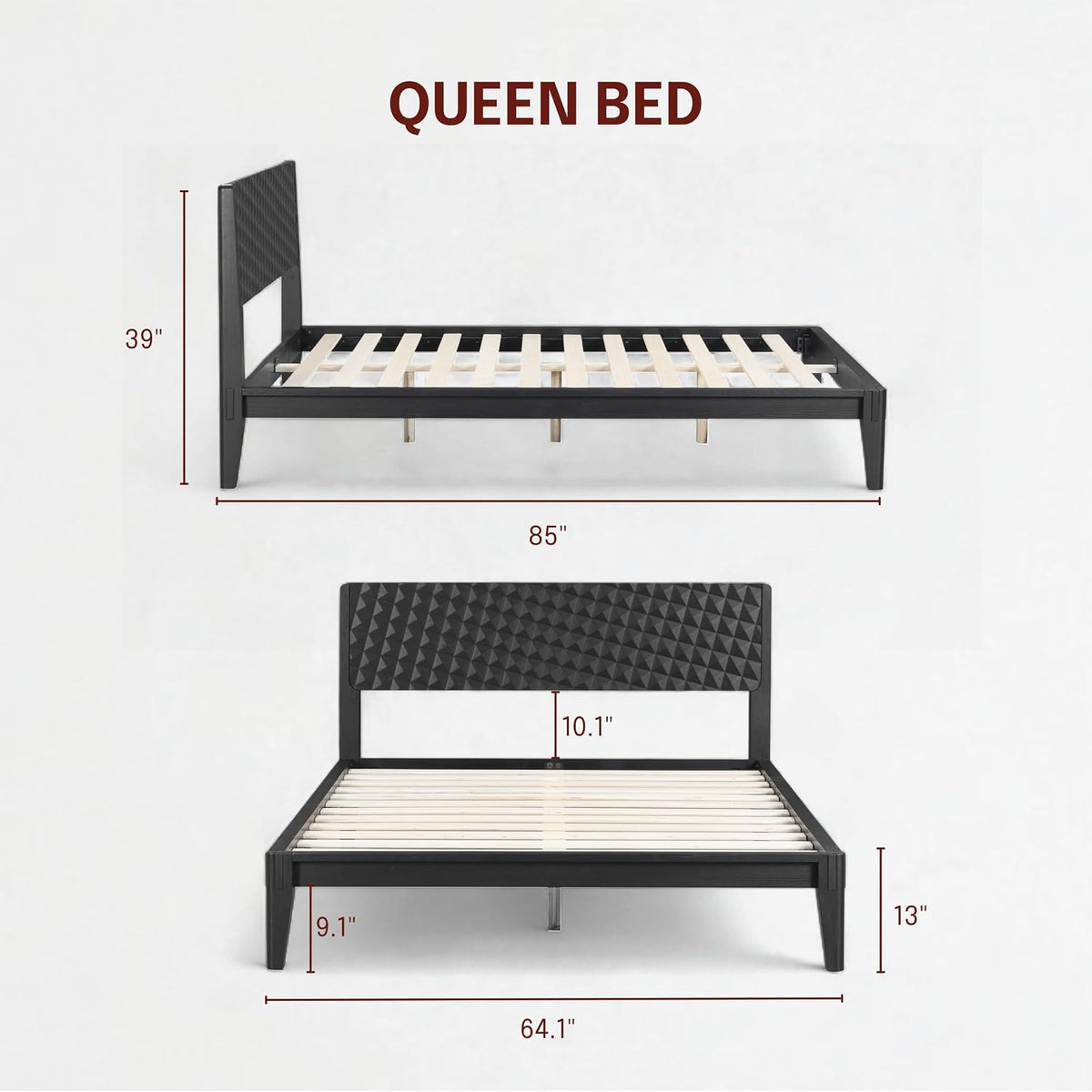 Side profile of the bed frame showing the slatted base and carved headboard with overlaid measurement graphics.