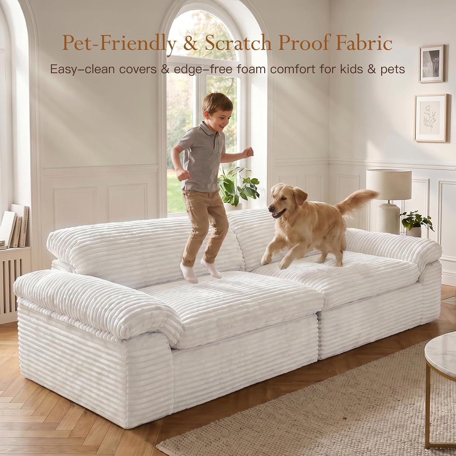 118" Cloud Boneless Couch, 3 Seater Corduroy Sofa, Beige | Modular Sectional Sofa, High-Density Foam, No Assembly Required, Curved Armrest, Apartment, Bedroom, Deep Seat, Pet-Friendly