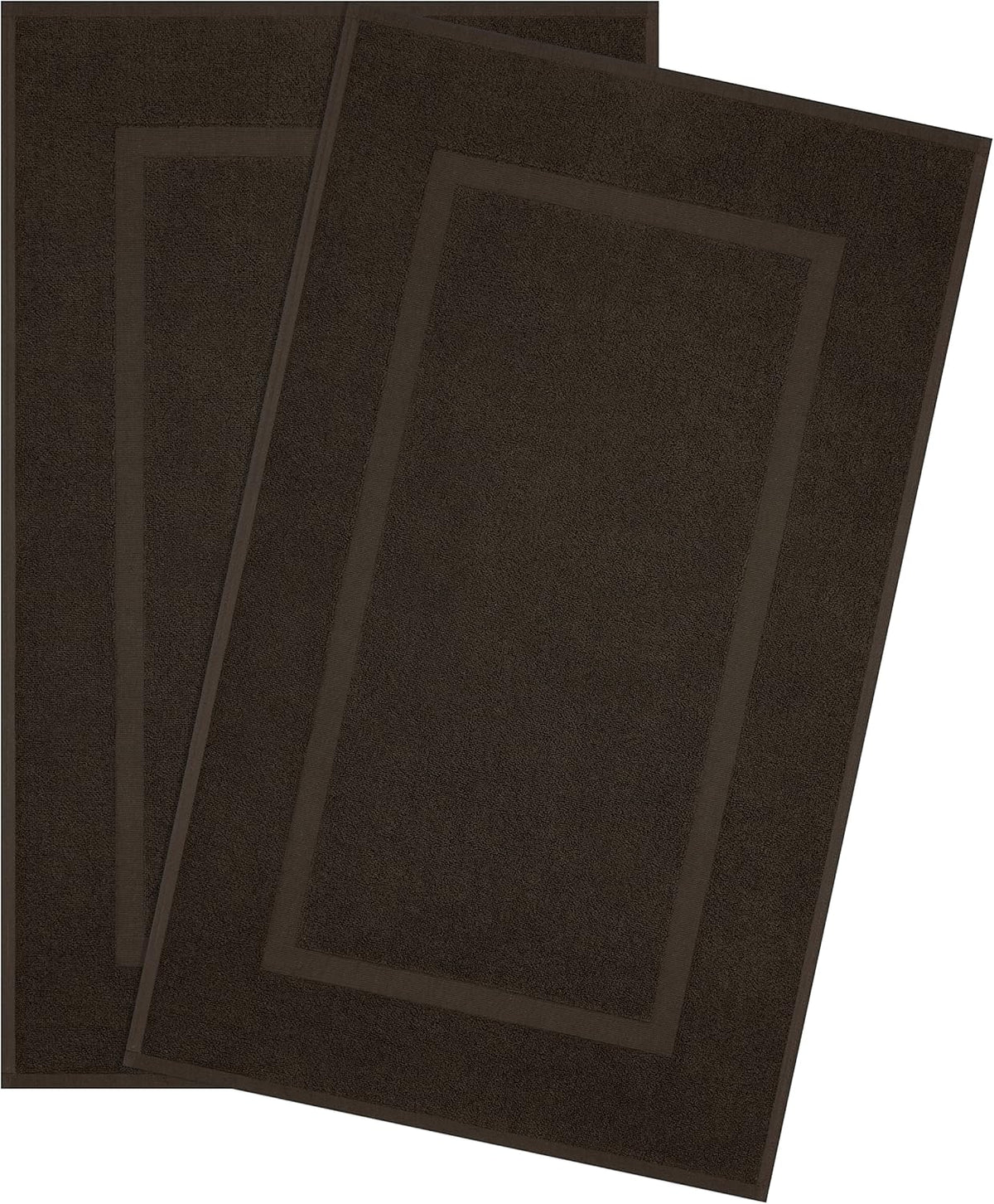 Two overlapping dark brown rectangular bath mats with a simple bordered design