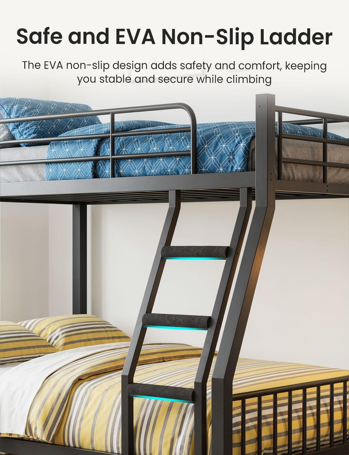 Angled close-up of the metal bunk ladder with three padded steps attached to a black metal bed frame.