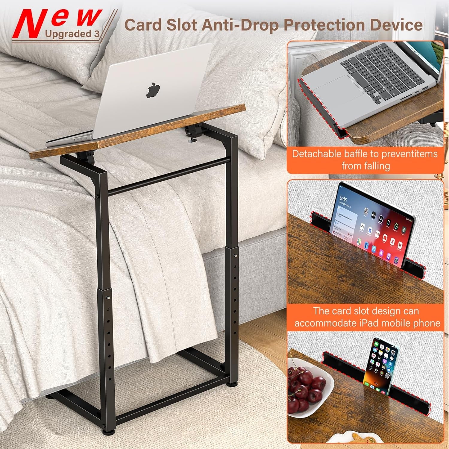 C-shaped side table beside a bed with a tilted wood top holding a laptop; three inset closeups show a phone/tablet slot and