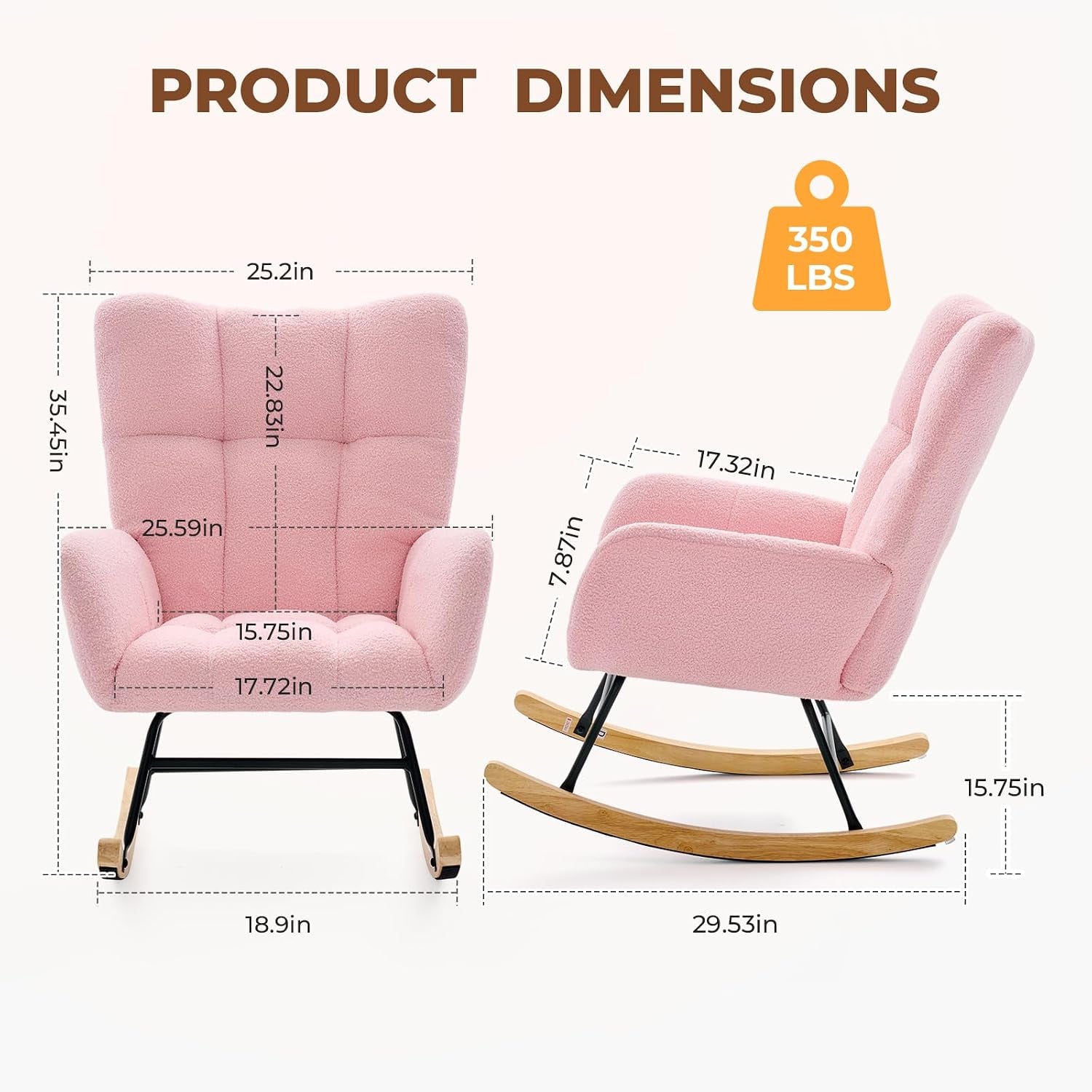 Front and side dimension diagram of pink rocking chair with measurements and load icon