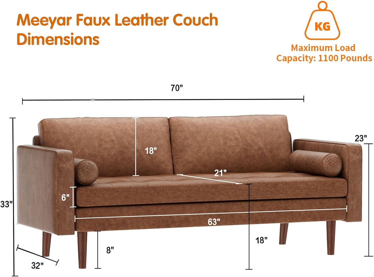 Faux Leather Sofa,70" Brown Leather Couch for Living Room