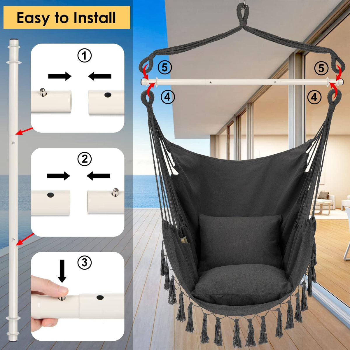 Assembly illustration showing how the spreader bar and hanging rope join and attach to a support pole for installation