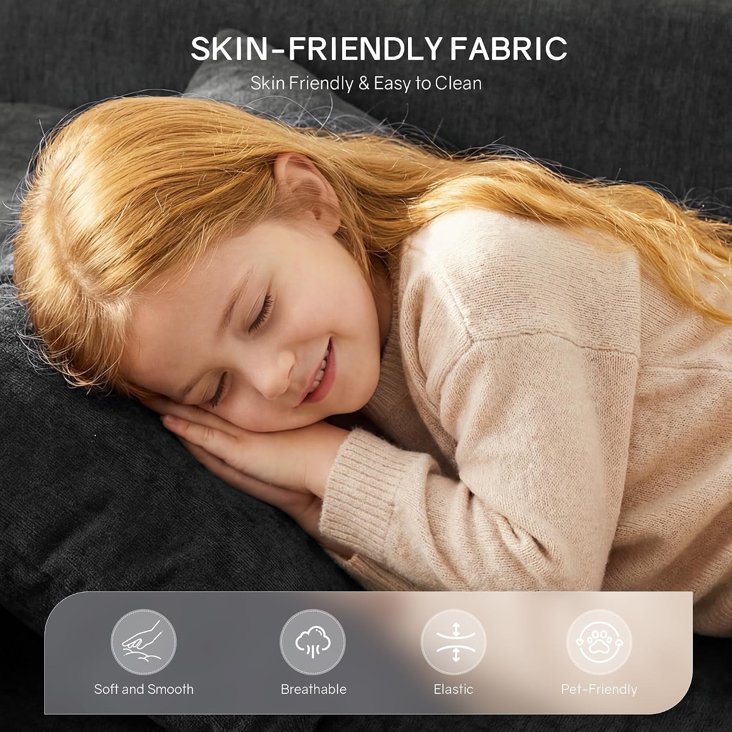 Close-up of dark grey ridged fabric with a young child resting cheek on the lounge to show soft, skin-friendly texture