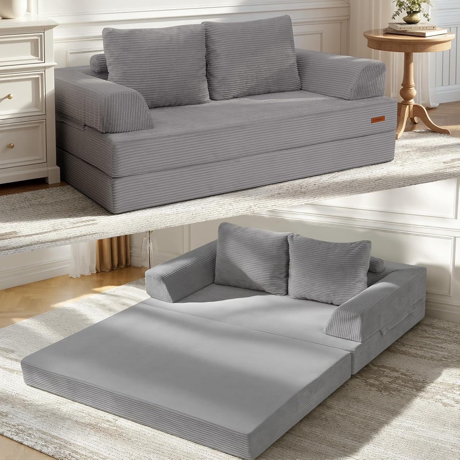 Gray corded-fabric futon shown as a sofa in the upper half and fully unfolded into a low mattress in the lower half.