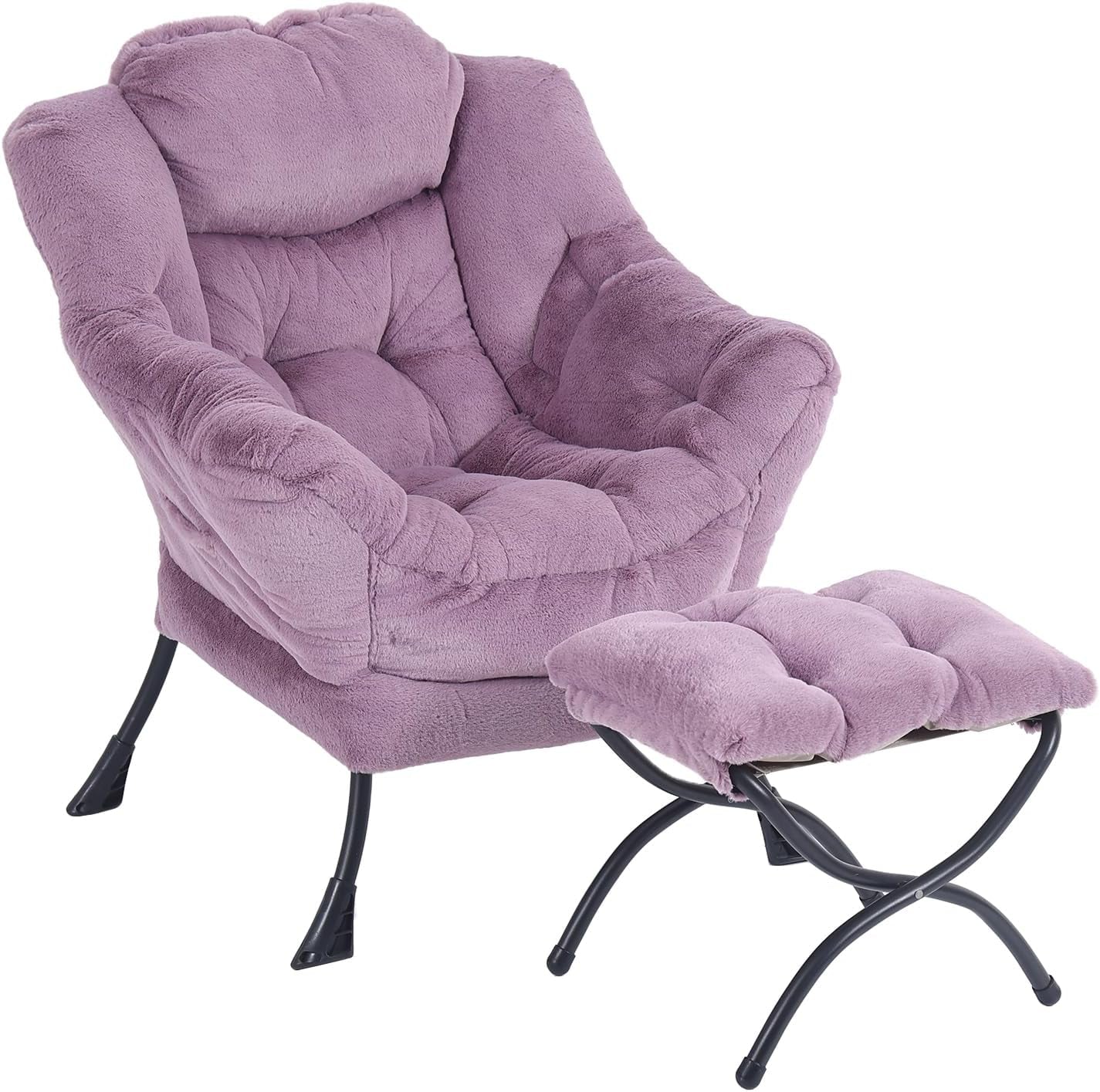Plush purple oversized armchair with tufted cushion and matching folding ottoman on white background.