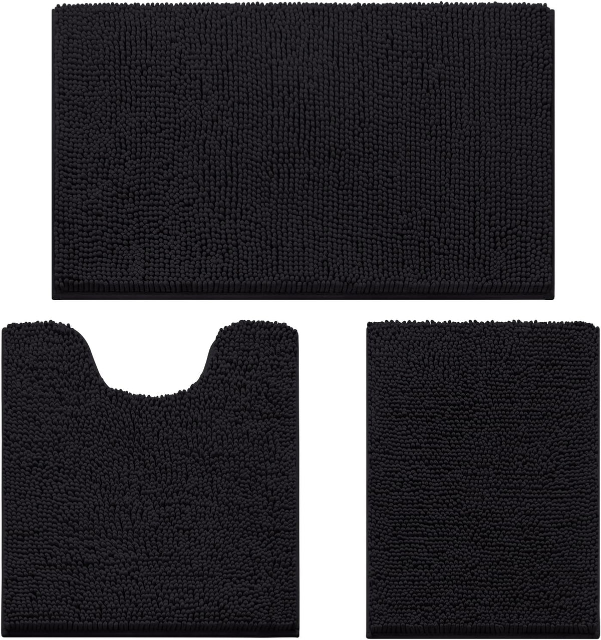 Three-piece grey/charcoal chenille bath rug set laid out flat: rectangular mat, contoured toilet mat, and small square mat