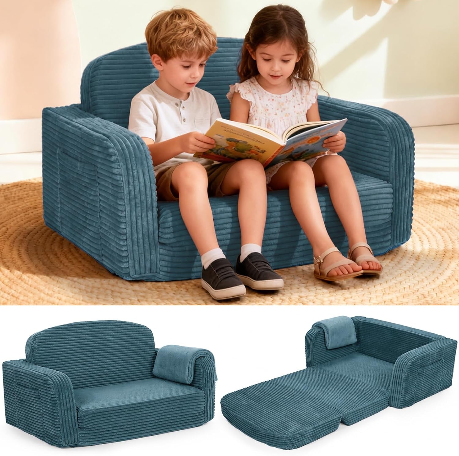 Two children sitting on a teal corduroy toddler sofa with matching fold-out mattress images below