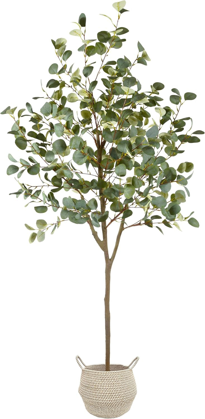 6 ft artificial eucalyptus tree placed in a woven basket on a white background, full-height frontal view