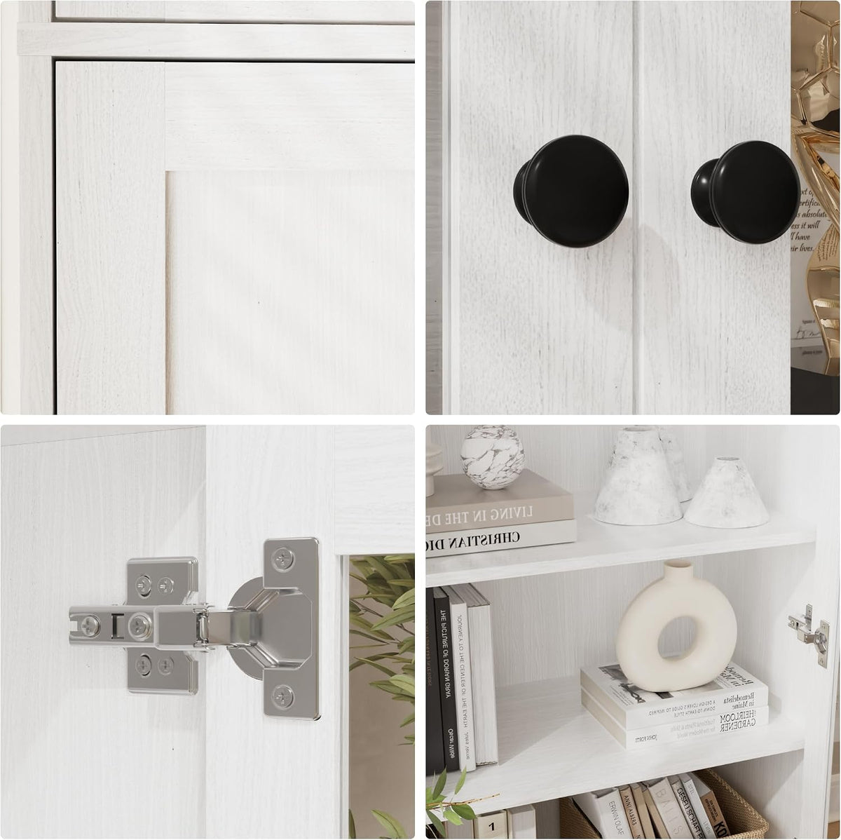 Detail collage of white bookcase finish, black knobs, metal hinge and shelves