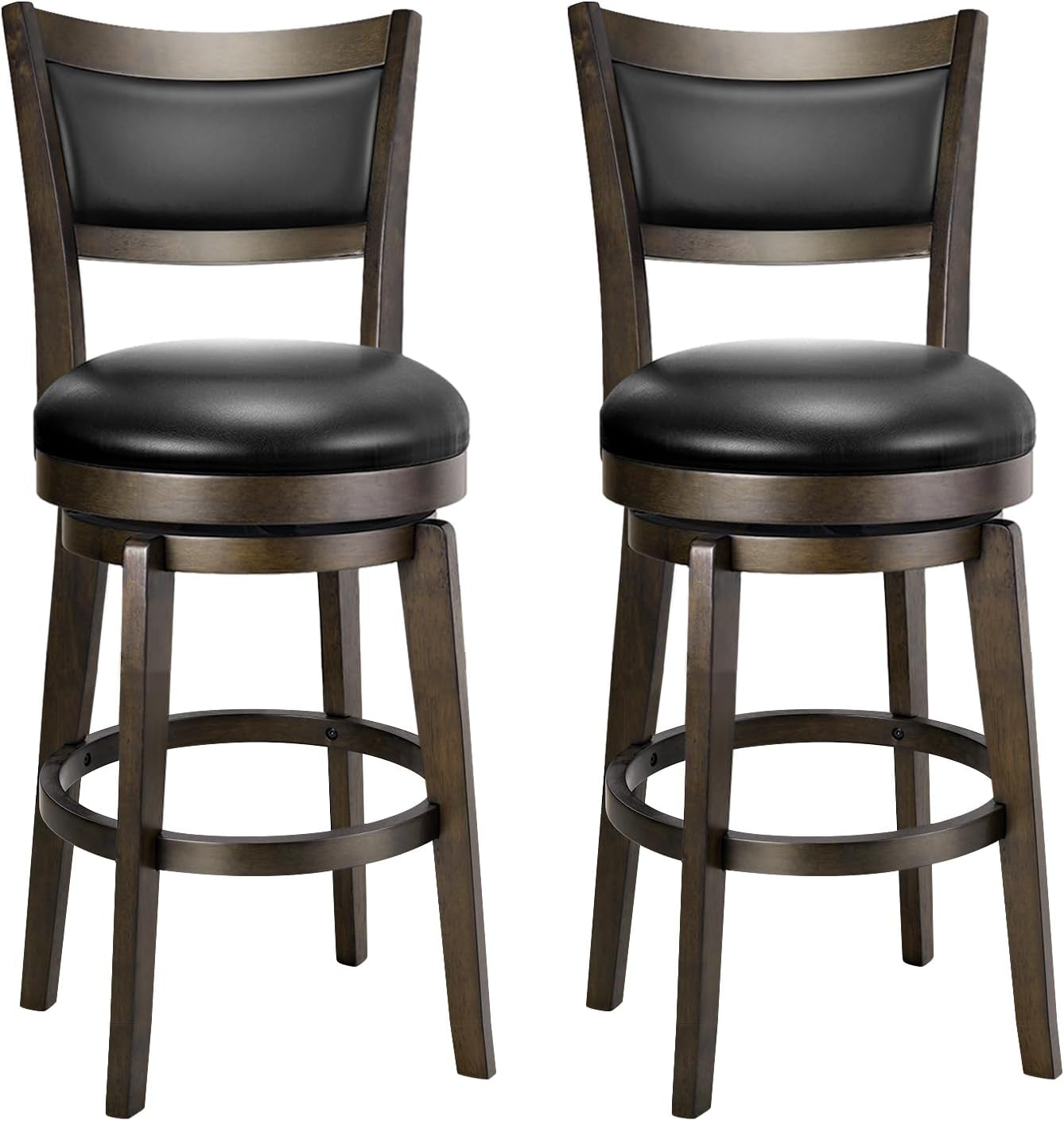 Pair of high-back swivel bar stools with black padded seats and dark wood frames, shown side-by-side.