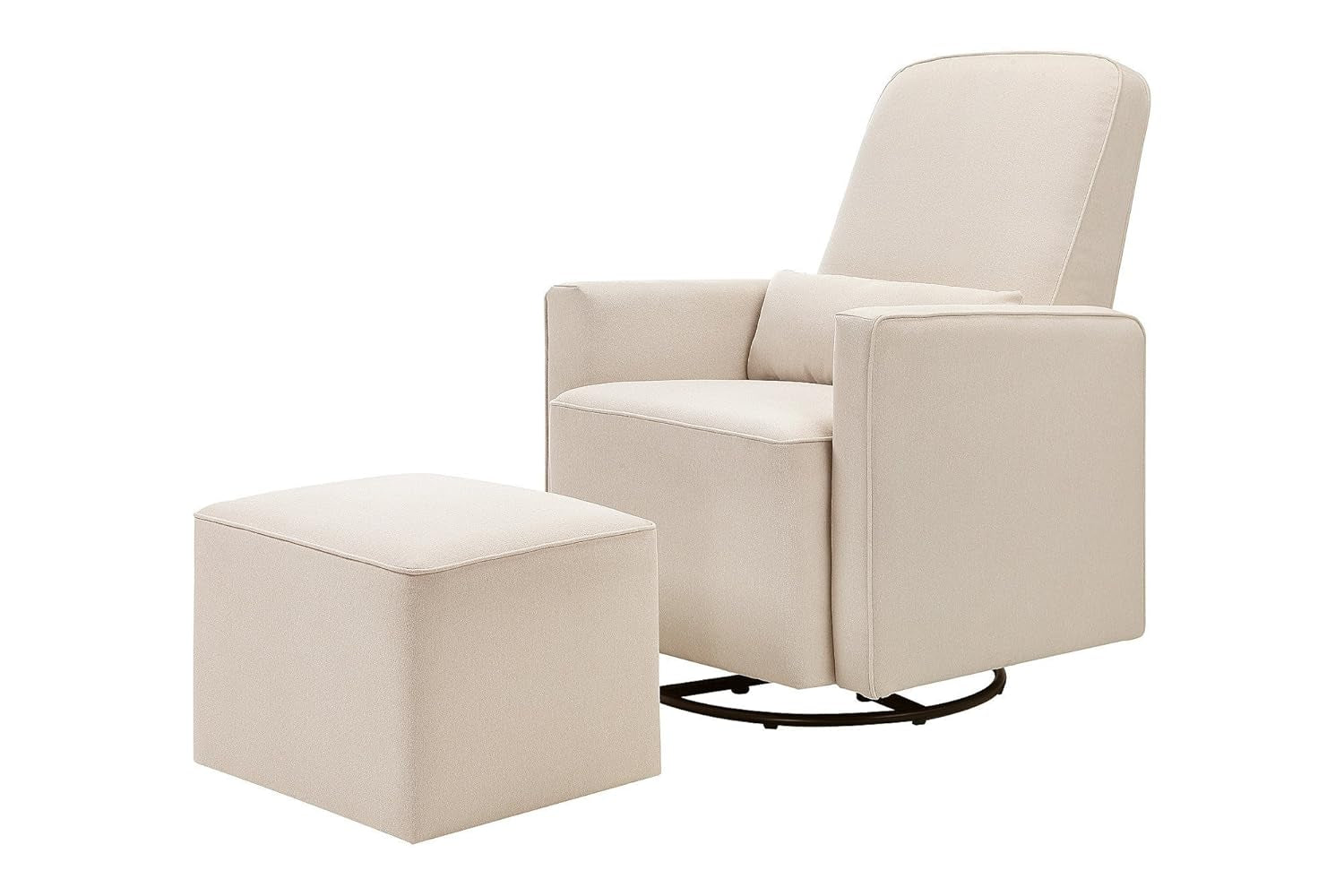 Cream swivel glider chair with matching square storage ottoman, front three-quarter view on white background