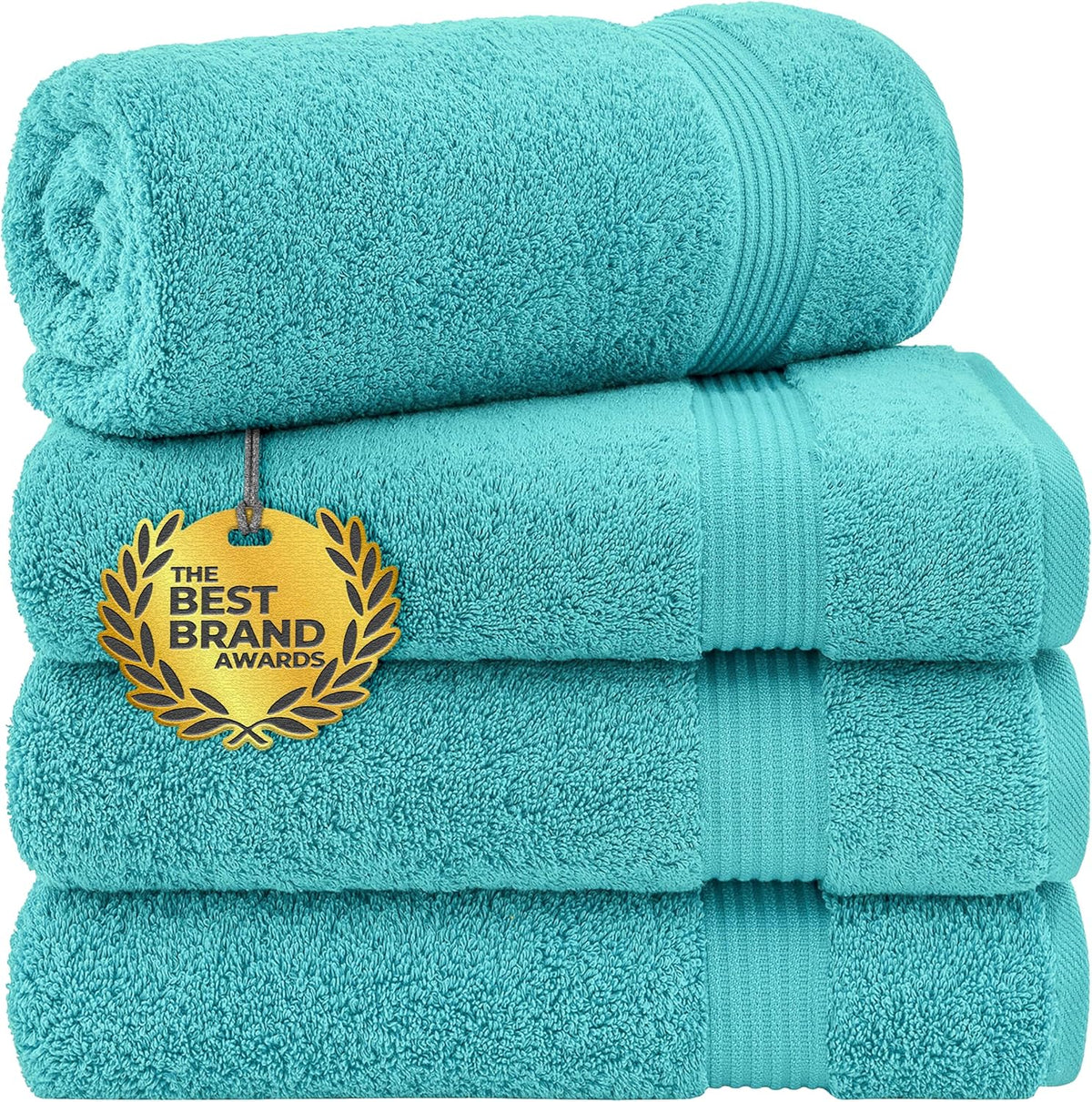 Turquoise set with two folded towels topped by a rolled towel, showing rounded roll and ribbed trim.