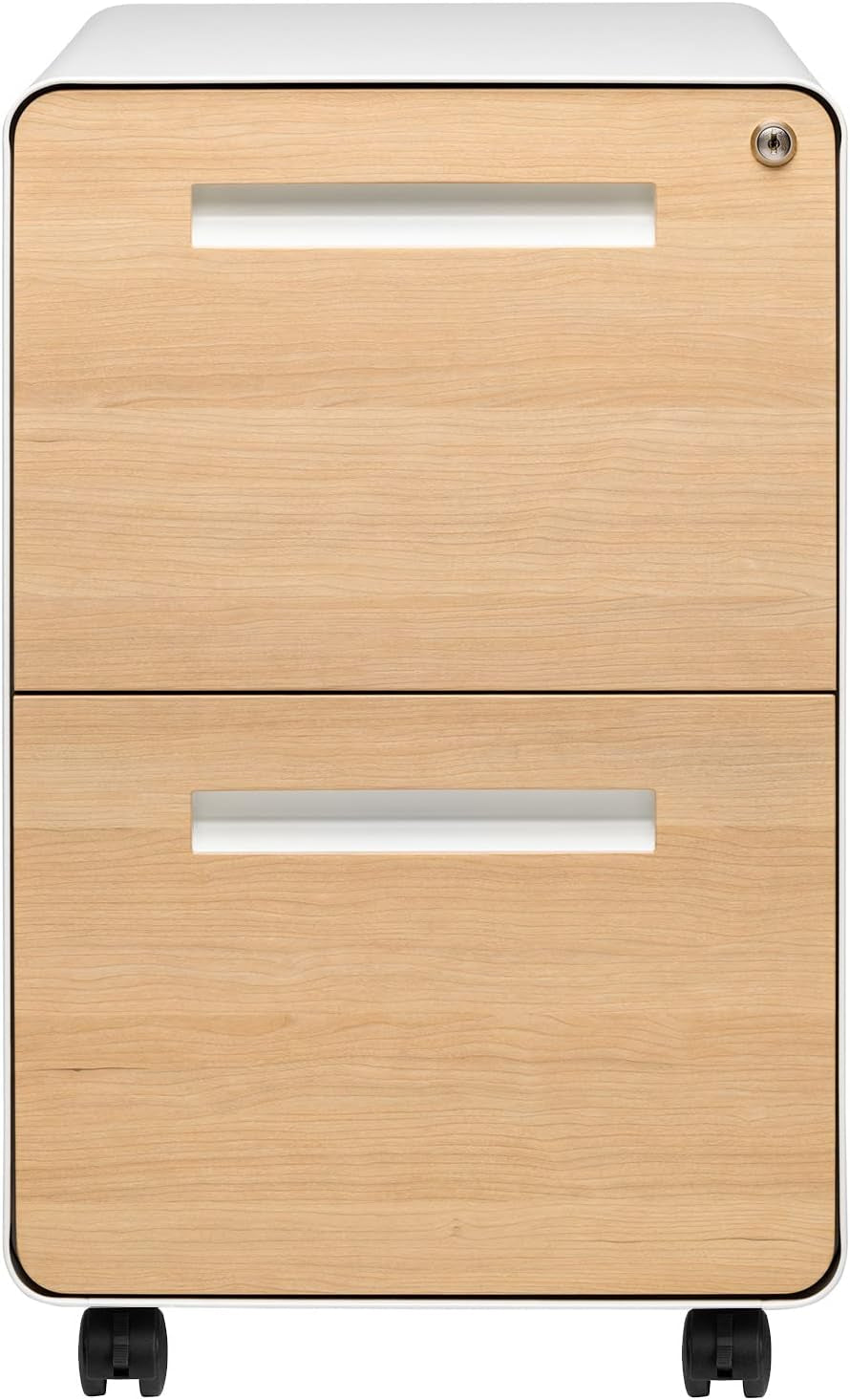 Front view of two-drawer cabinet with light wood fronts, inset handles and lock at top right