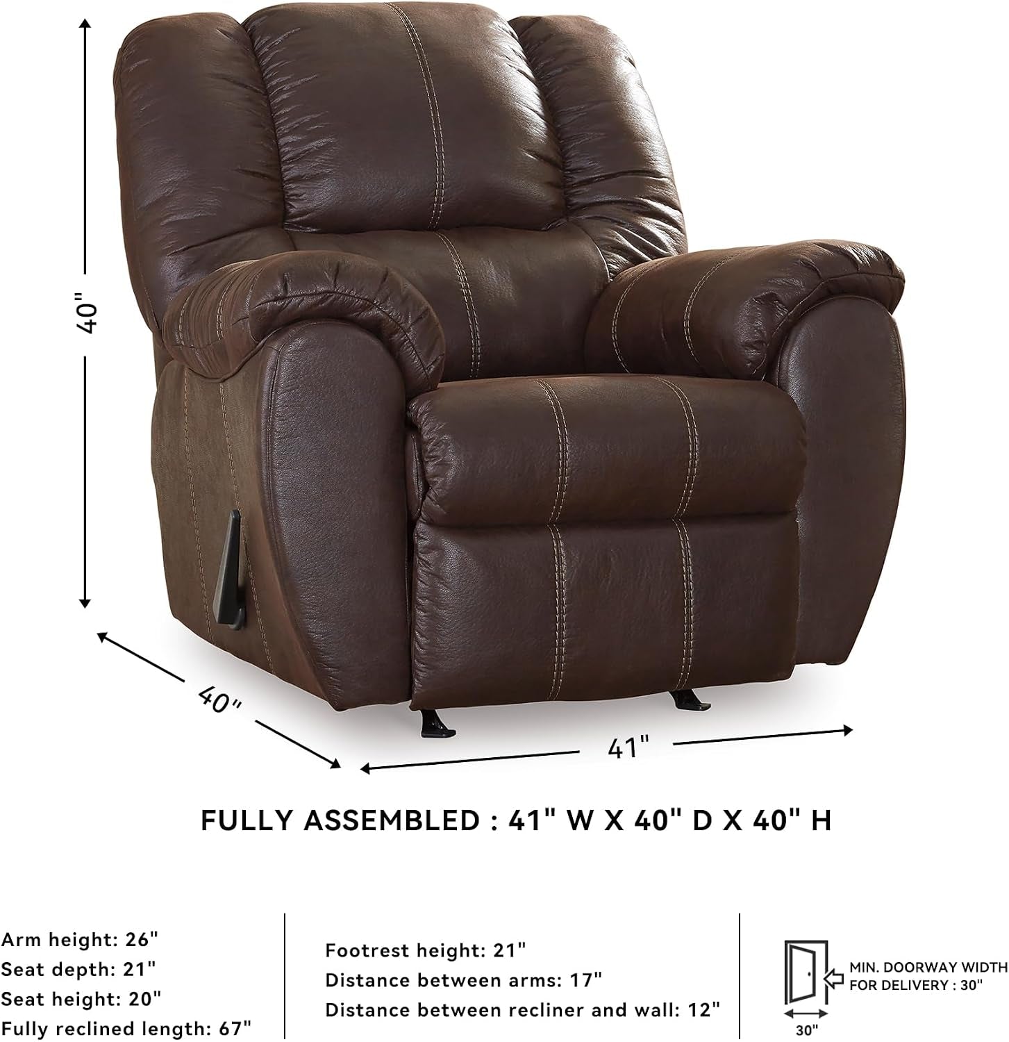 Brown recliner with dimension diagram and arrows showing fully assembled measurements and clearance