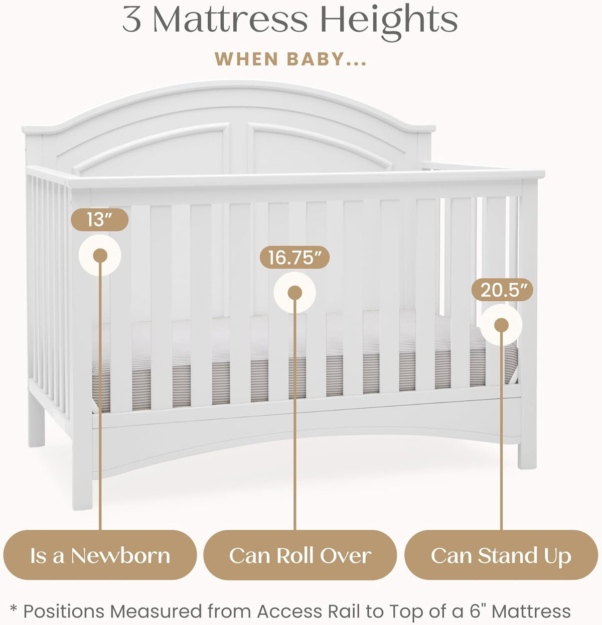 Side-front view of the crib showing three mattress height markers over the mattress