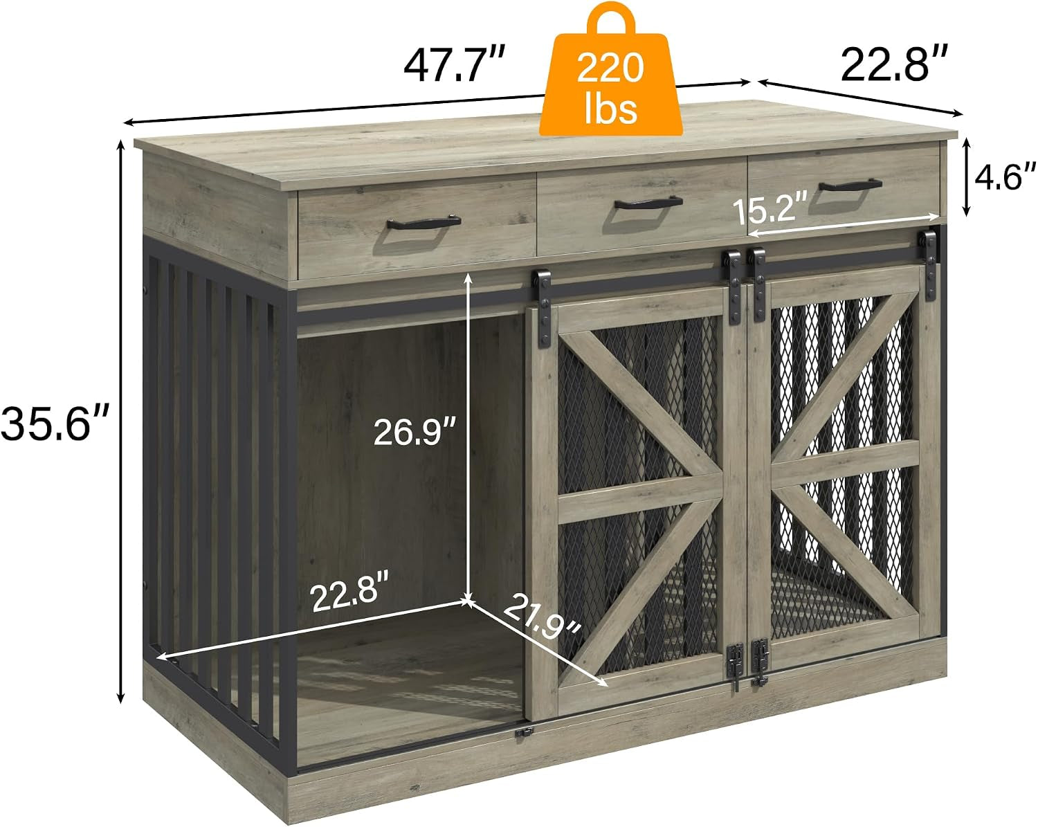 Grey dog crate console with dimension overlays showing overall and interior measurements