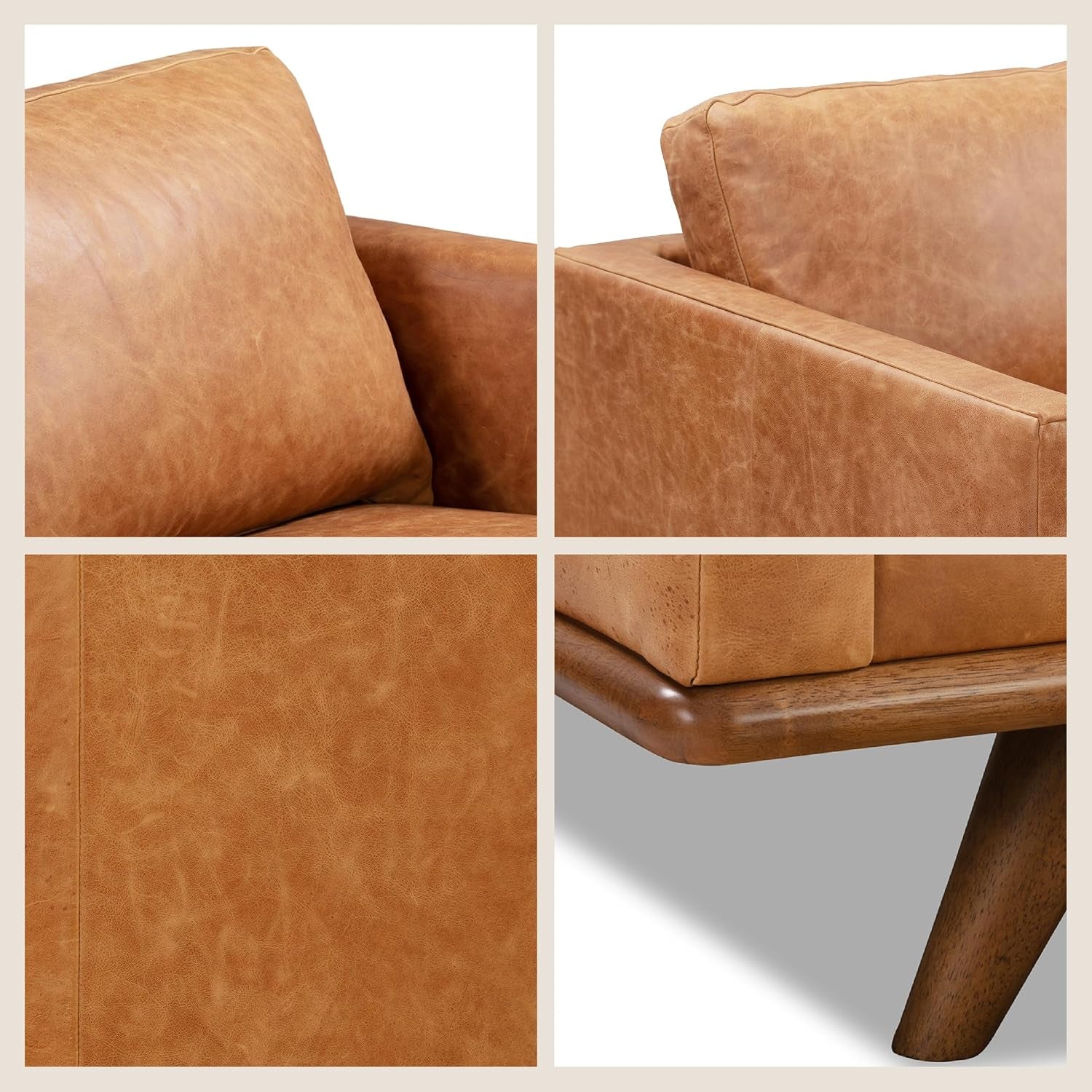 POLY & BARK Nolita 85” Leather Sofa – Full-Grain Italian Aniline Leather, Feather-Down Comfort, Solid Wood Base – Cognac Tan