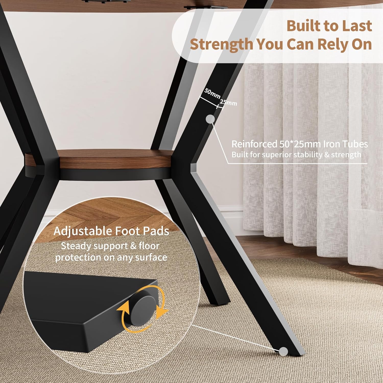 Close-up of the table's black metal X-shaped legs and round wood storage shelf on a carpeted floor.
