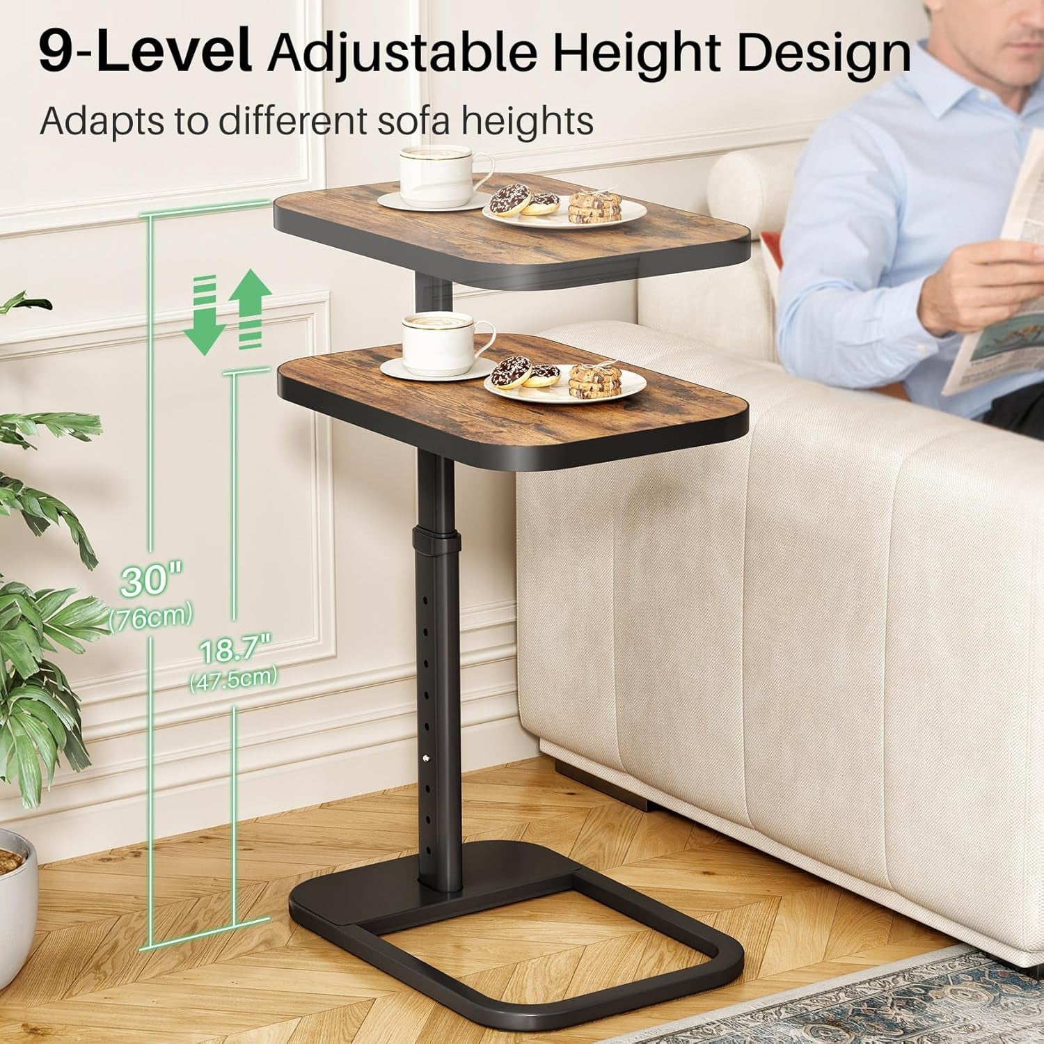 Single C-shaped side table next to sofa illustrating 9-level adjustable height
