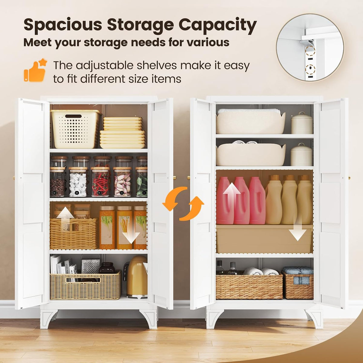 Pair of white metal storage cabinets shown open to display adjustable shelves filled with household items side-by-side