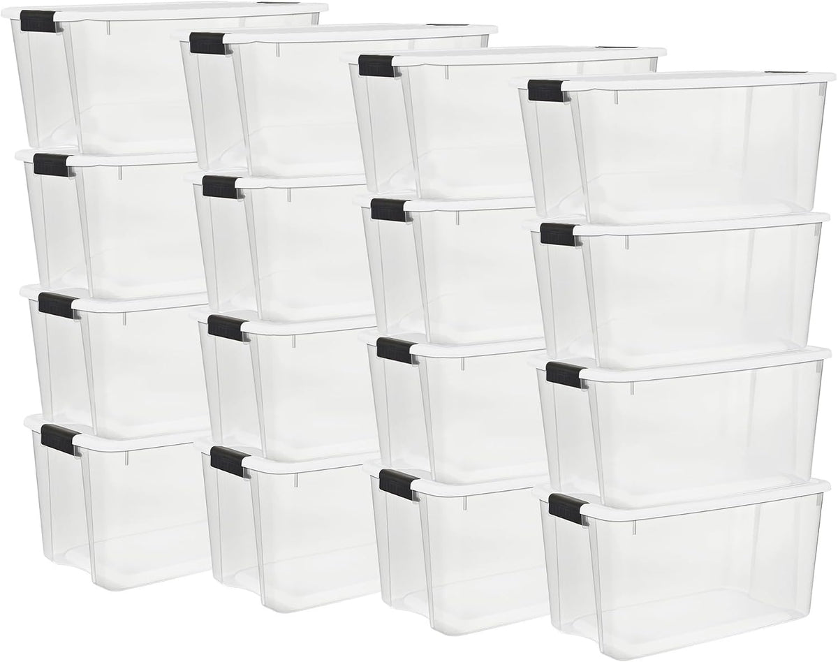 Front view of four translucent storage boxes with white snap-on lids arranged in a grid.