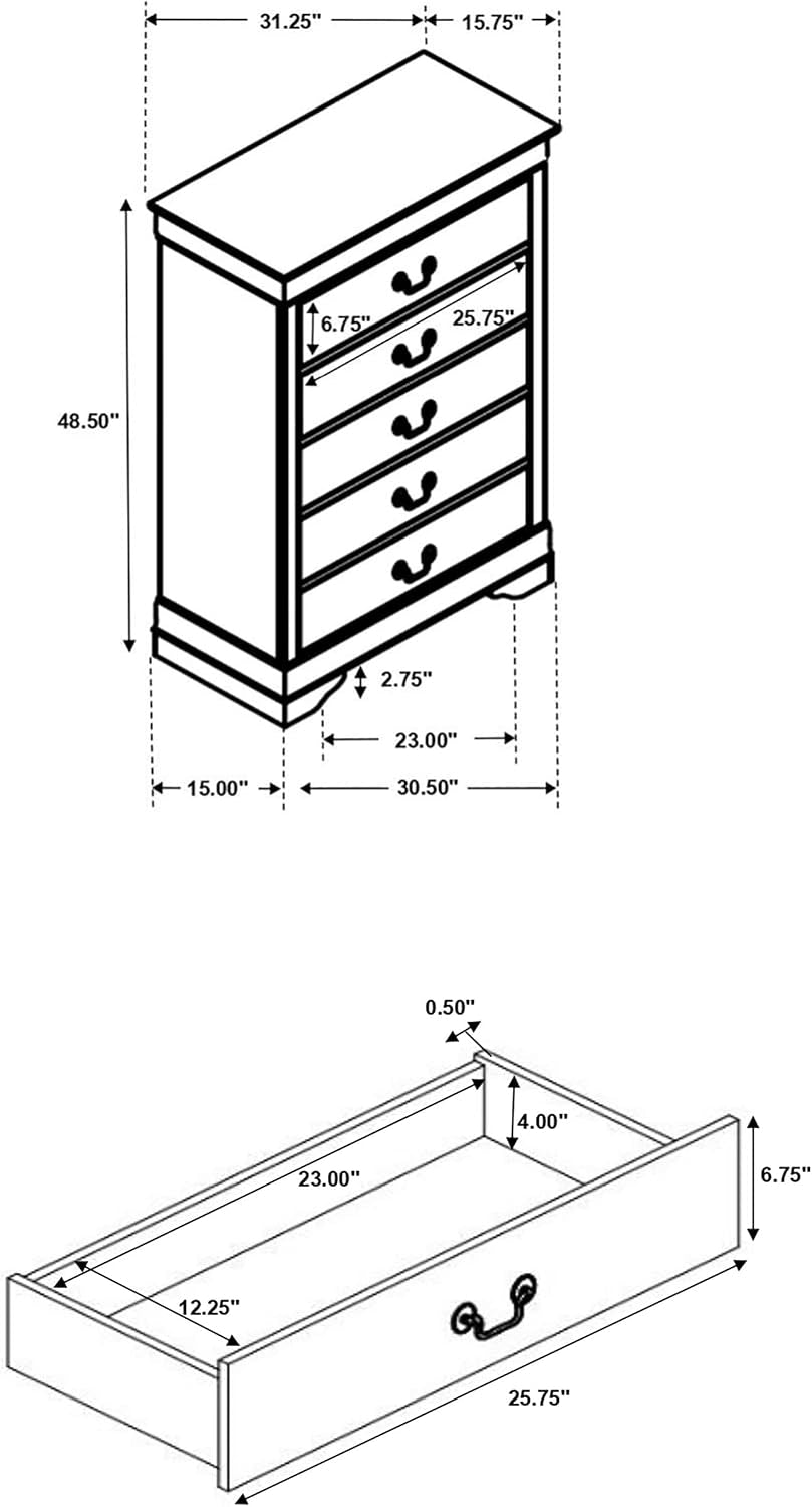Black-and-white line diagram of a five-drawer tall chest and a single drawer, with arrows and measurement lines around each