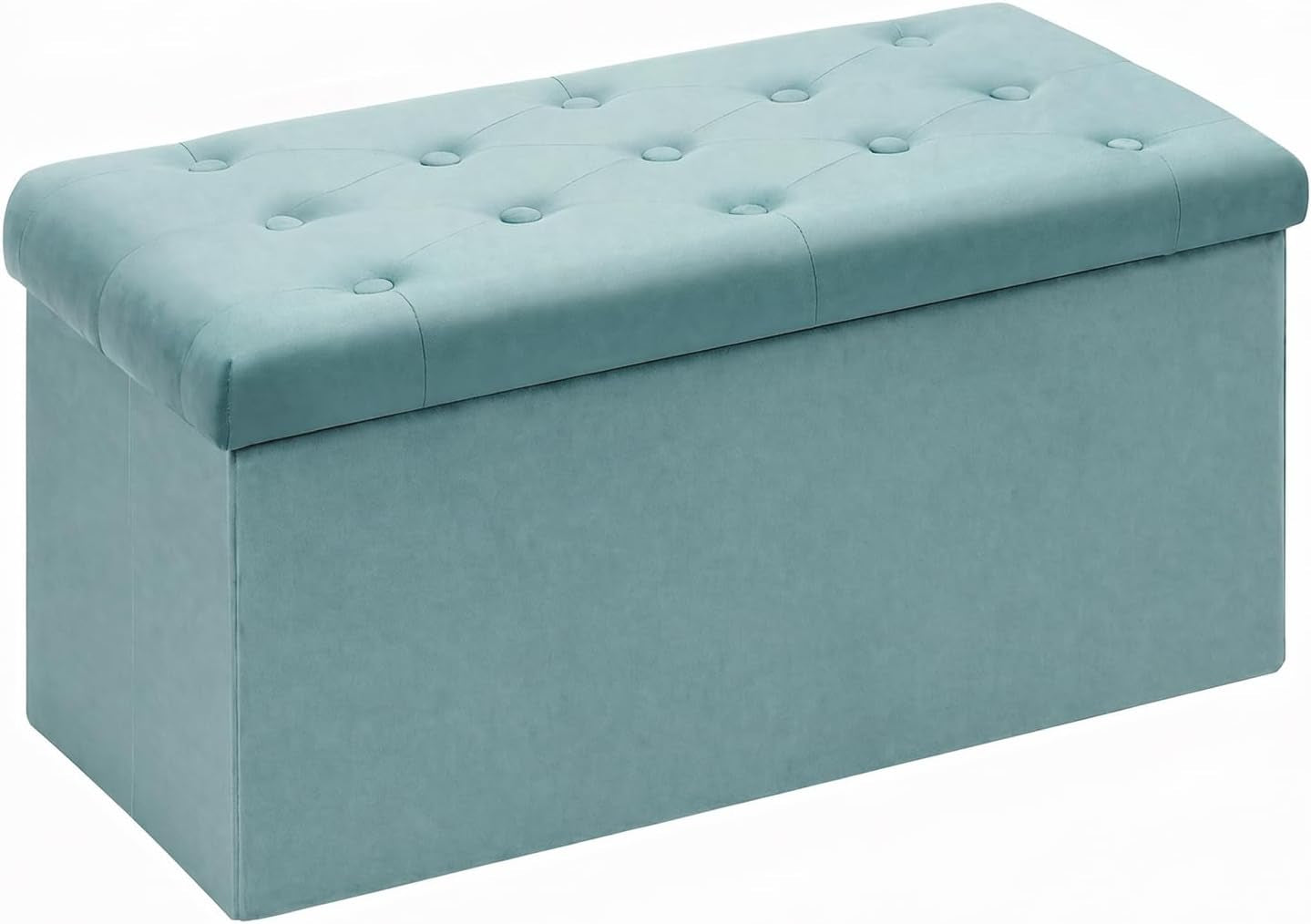 Long rectangular teal tufted velvet storage bench with button-tufted lid