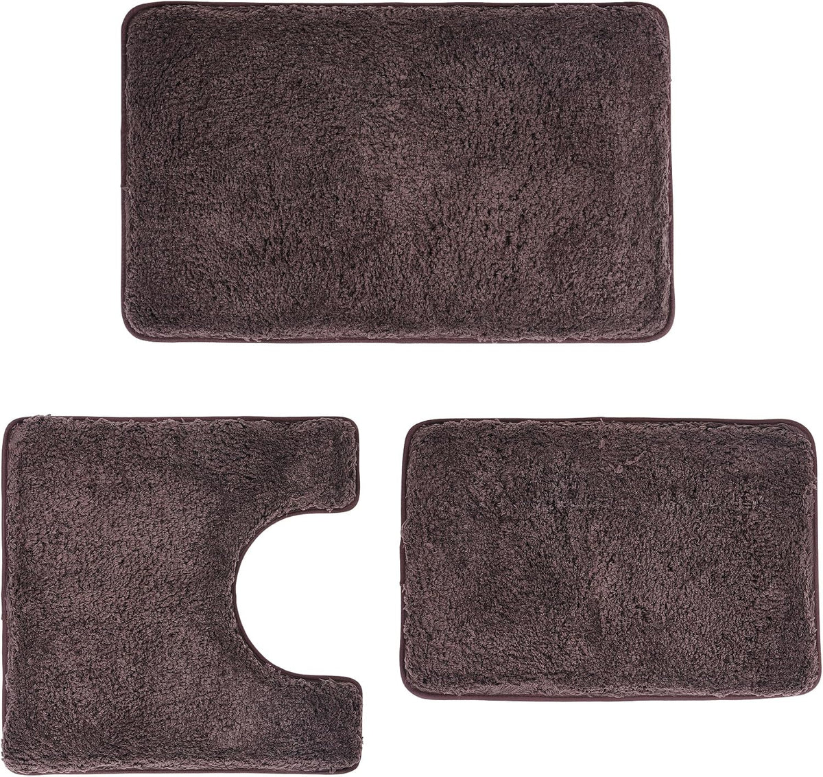 Three-piece bathroom rug set laid flat: rectangular mat, U-shaped toilet piece, and smaller rectangle