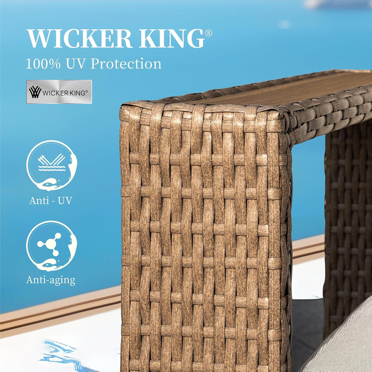 Close-up of woven brown wicker arm and corner detailing with blue background.