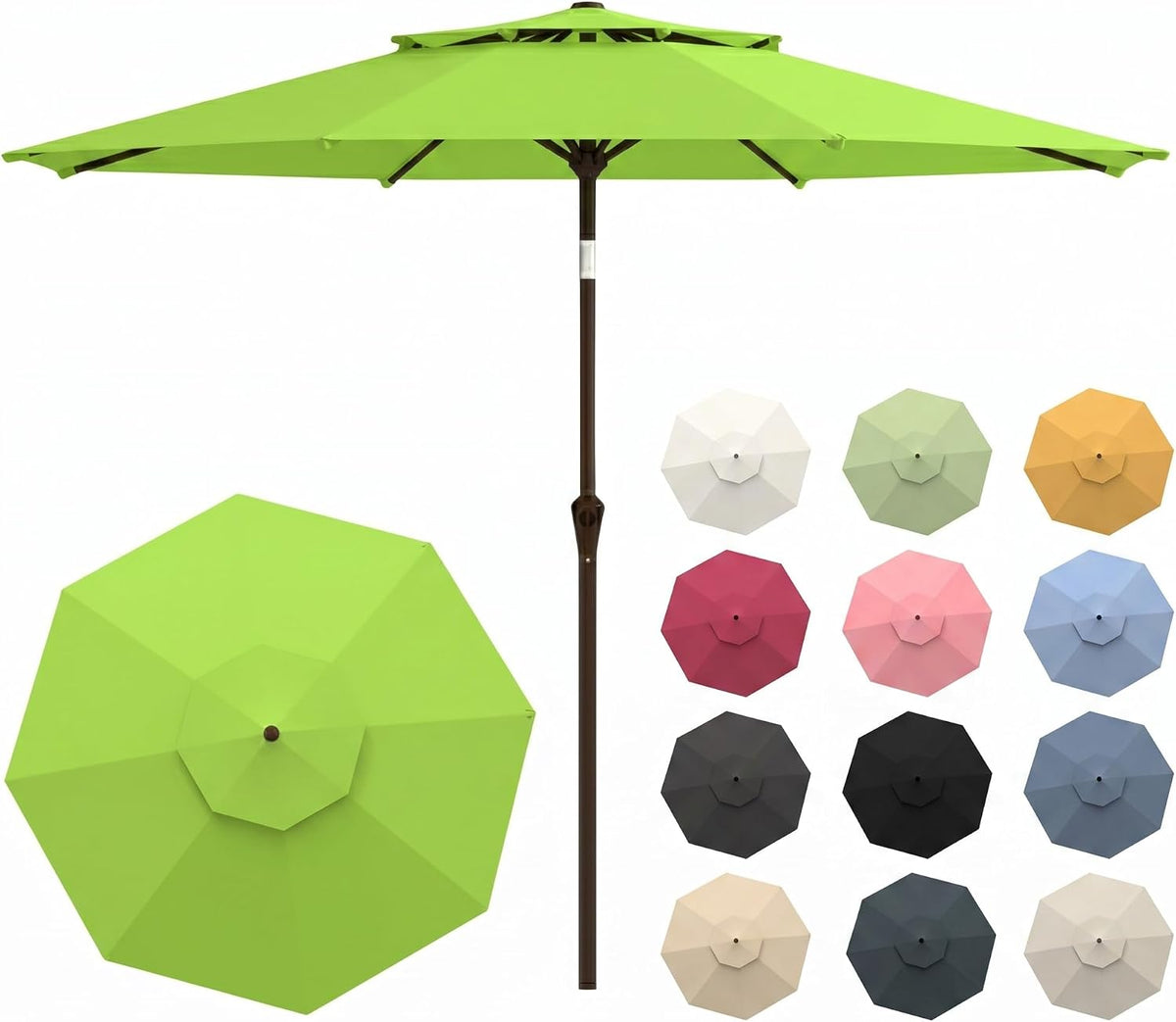 Lime green 10ft patio umbrella open on brown pole with top vent and small color swatches at right