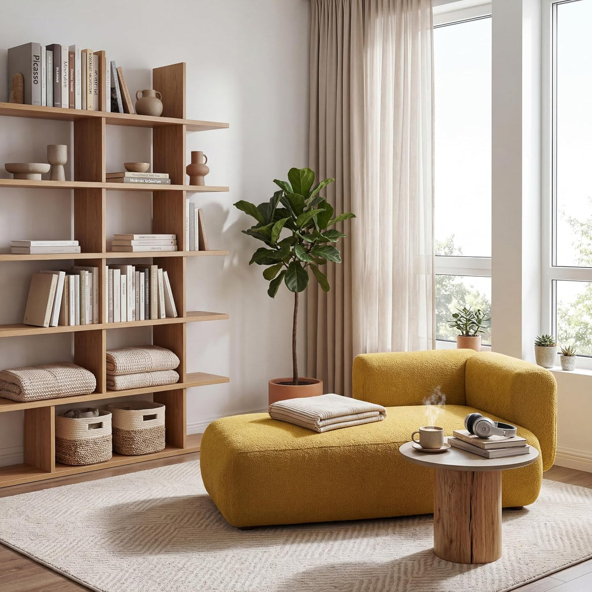 Mustard yellow low-profile chaise styled as a lounge ottoman next to a wooden bookshelf and small round side table