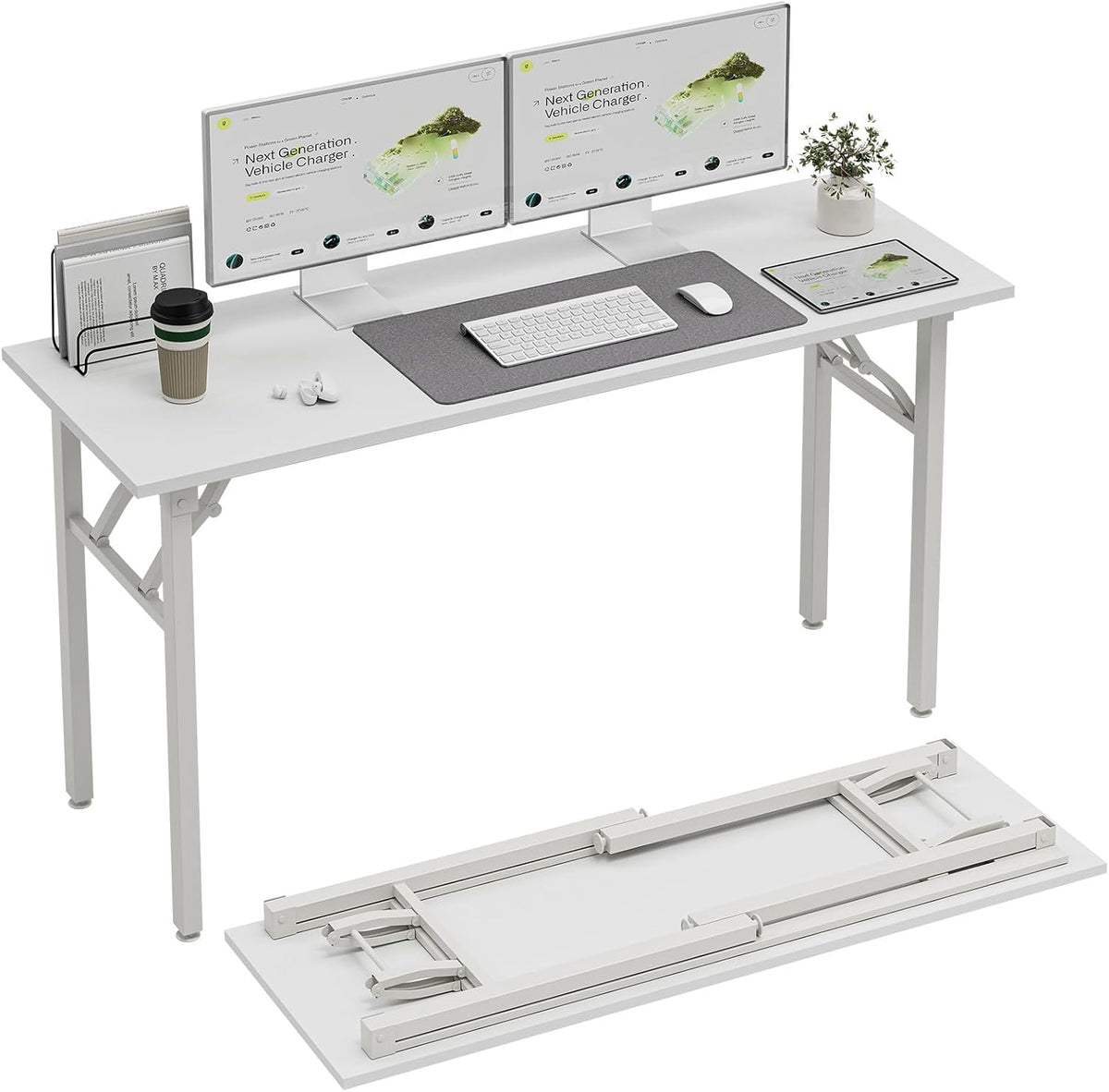 Angled view of a white foldable desk set up with dual monitors, keyboard mat, cup and books on top; folded desk shown below.