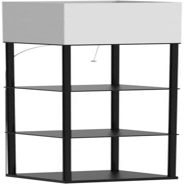 Isolated studio view of the black four-tier shelving lamp with a white rectangular shade and pull chain.