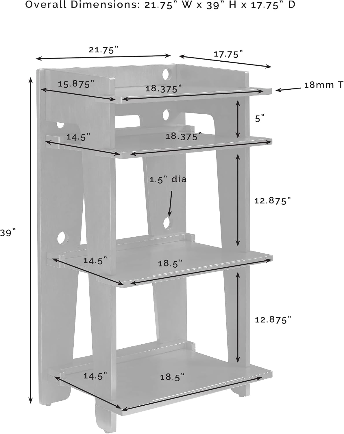 Grayscale diagram of the three-shelf stand annotated with arrows and measurements for each shelf.