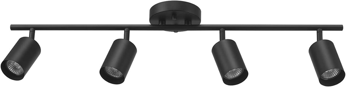 Front view of a four-light track with four black cylindrical heads on a horizontal bar and round ceiling canopy