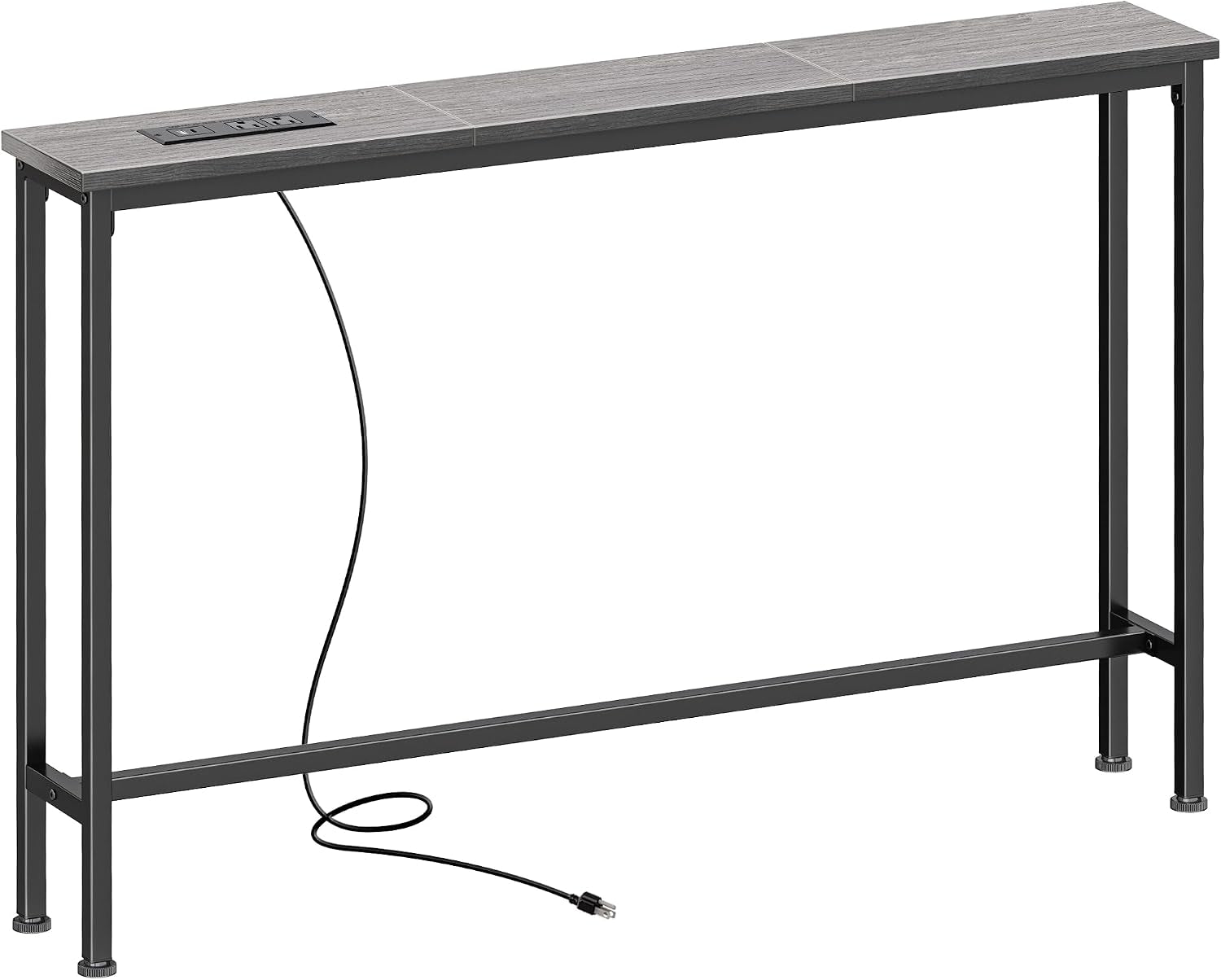 Slim console table with light gray wood-look top and black metal frame, power cord visible