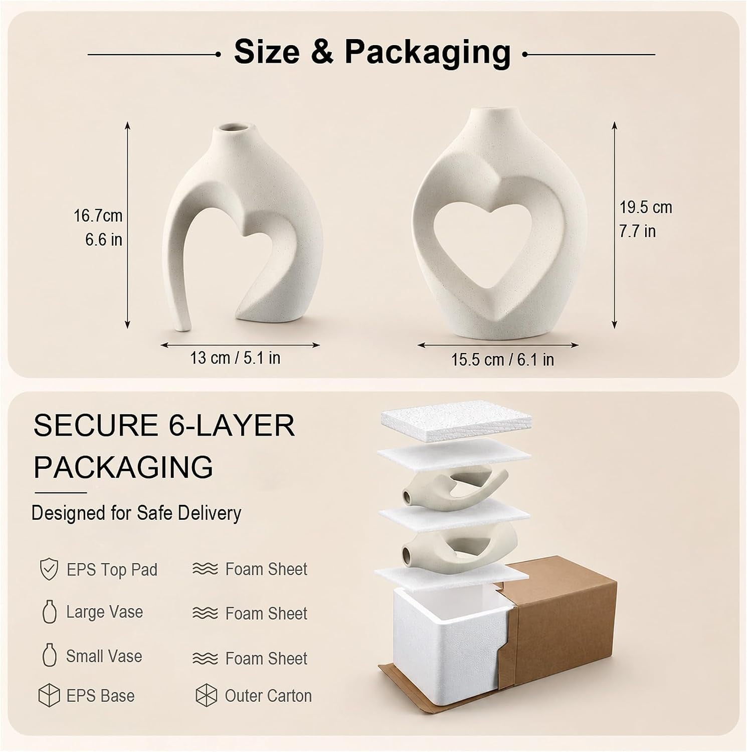 Neutral diagram showing large and small heart vases with measurements and layered packaging illustration