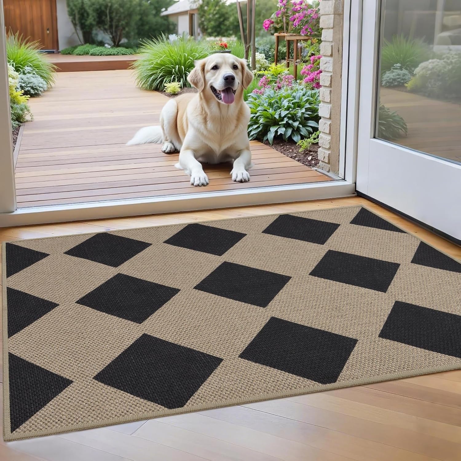 Rectangular doormat with black square pattern at an open door, a golden retriever lying outside.