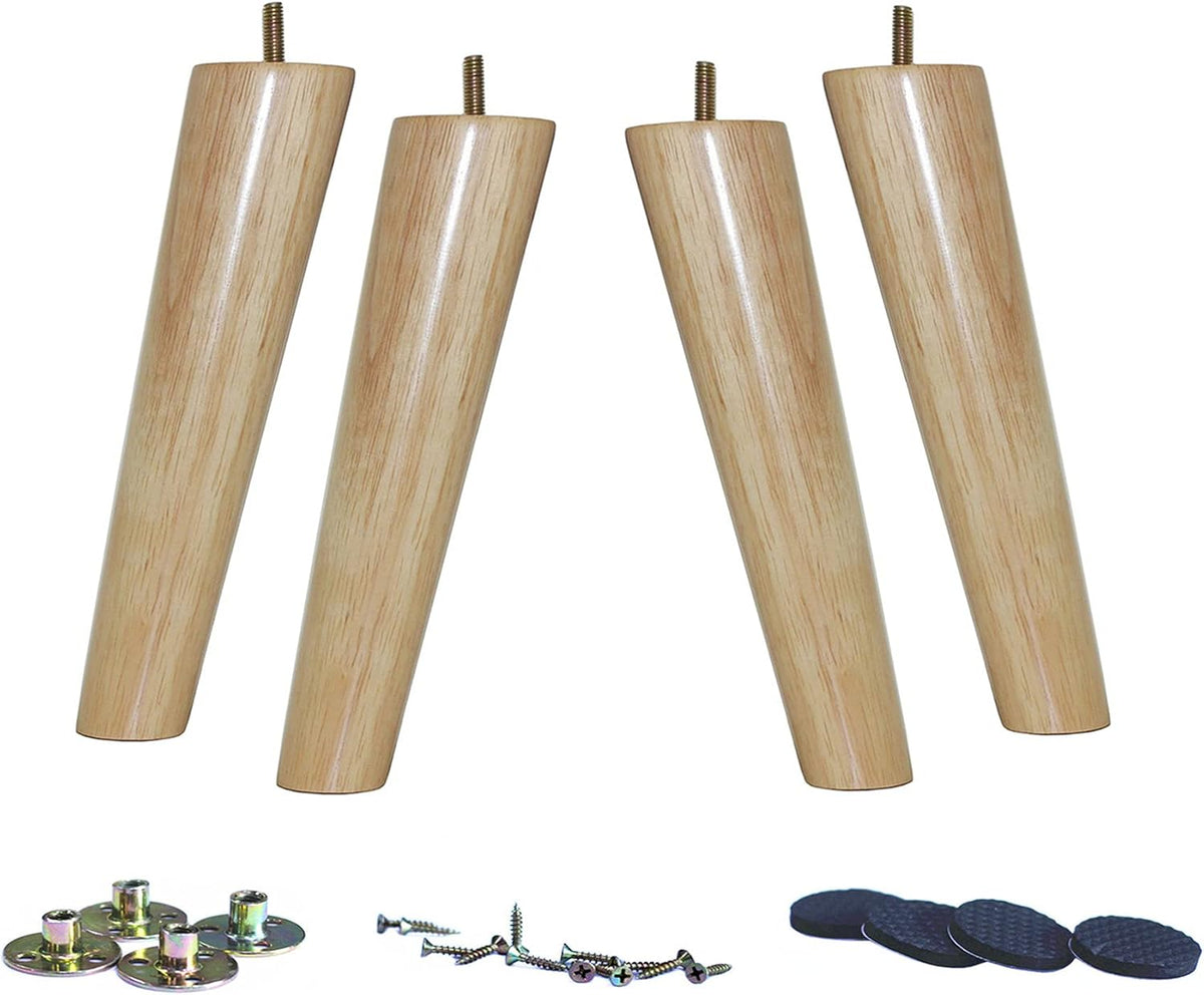 Four legs photographed at an angle showing their rounded taper and threaded bolts at the tops, accessories below