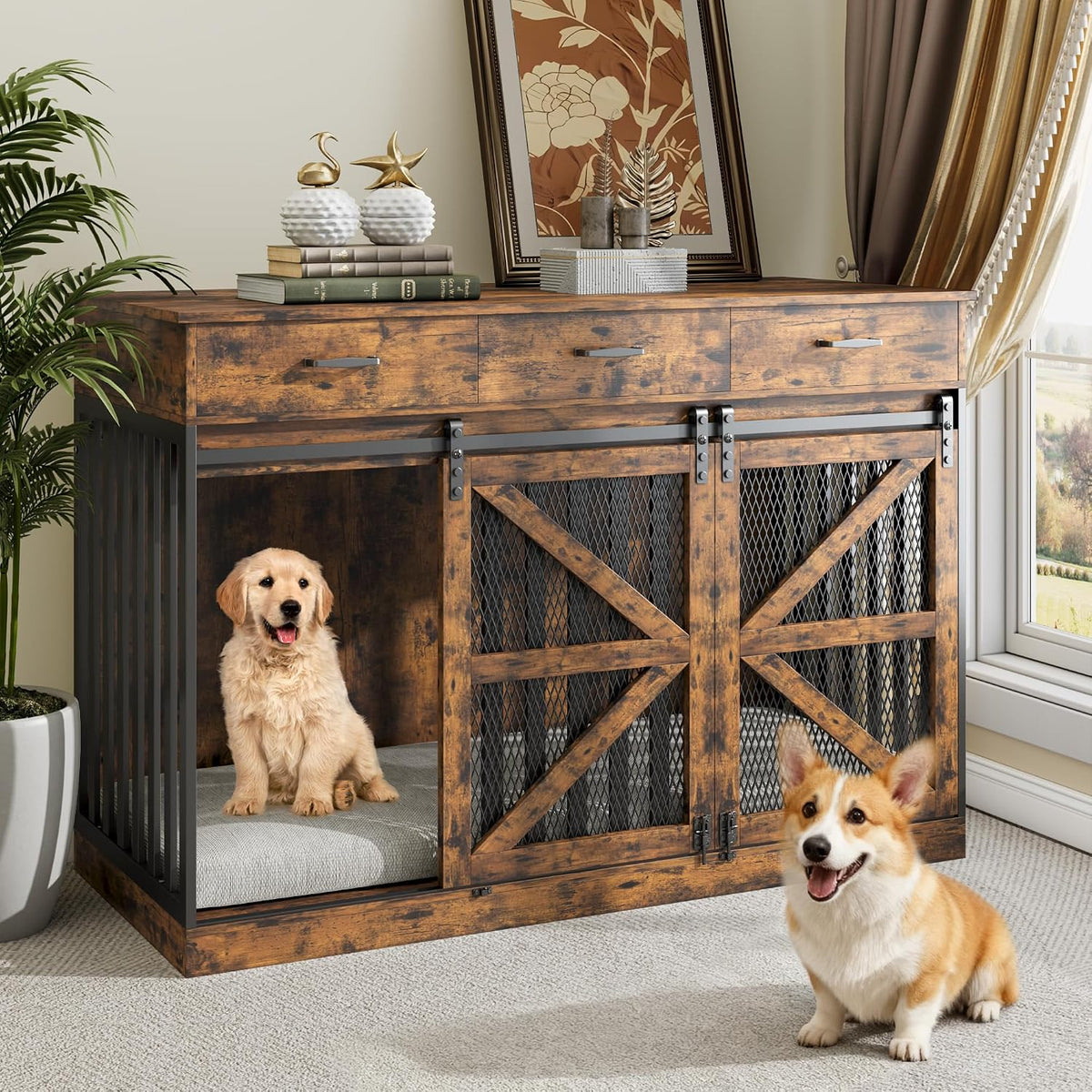 Farmhouse-style dog crate with sliding barn doors in distressed brown wood and a puppy inside.