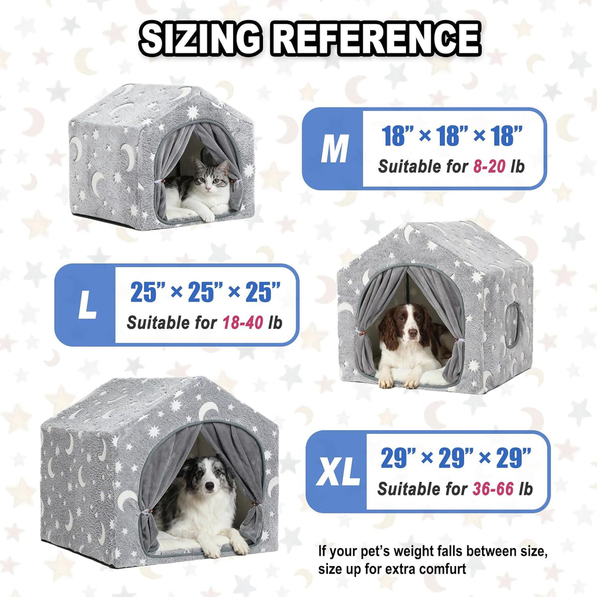 Sizing reference collage showing three house sizes (M, L, XL) with example pets in each.