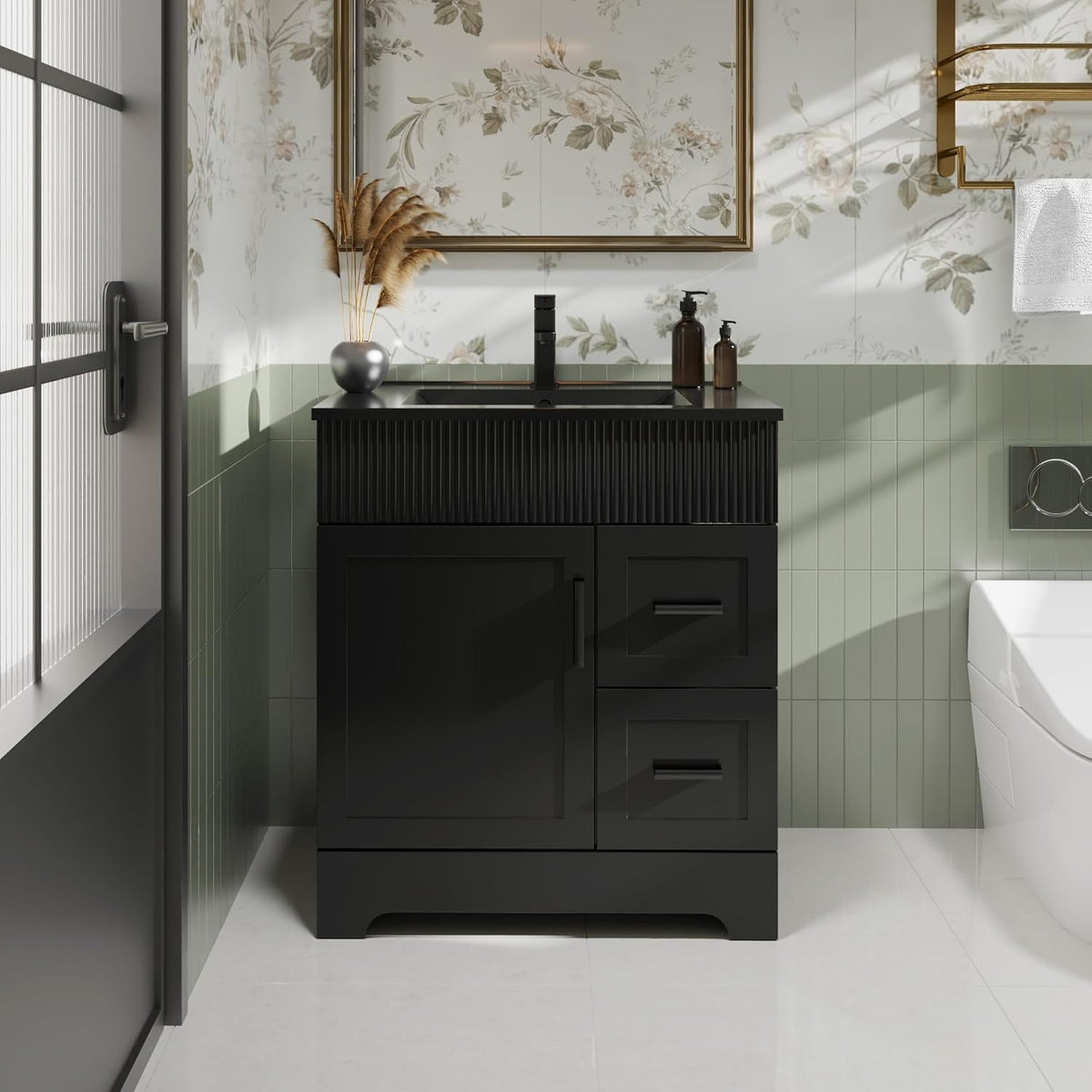 Front view of a black bathroom vanity with fluted front panel and black faucet