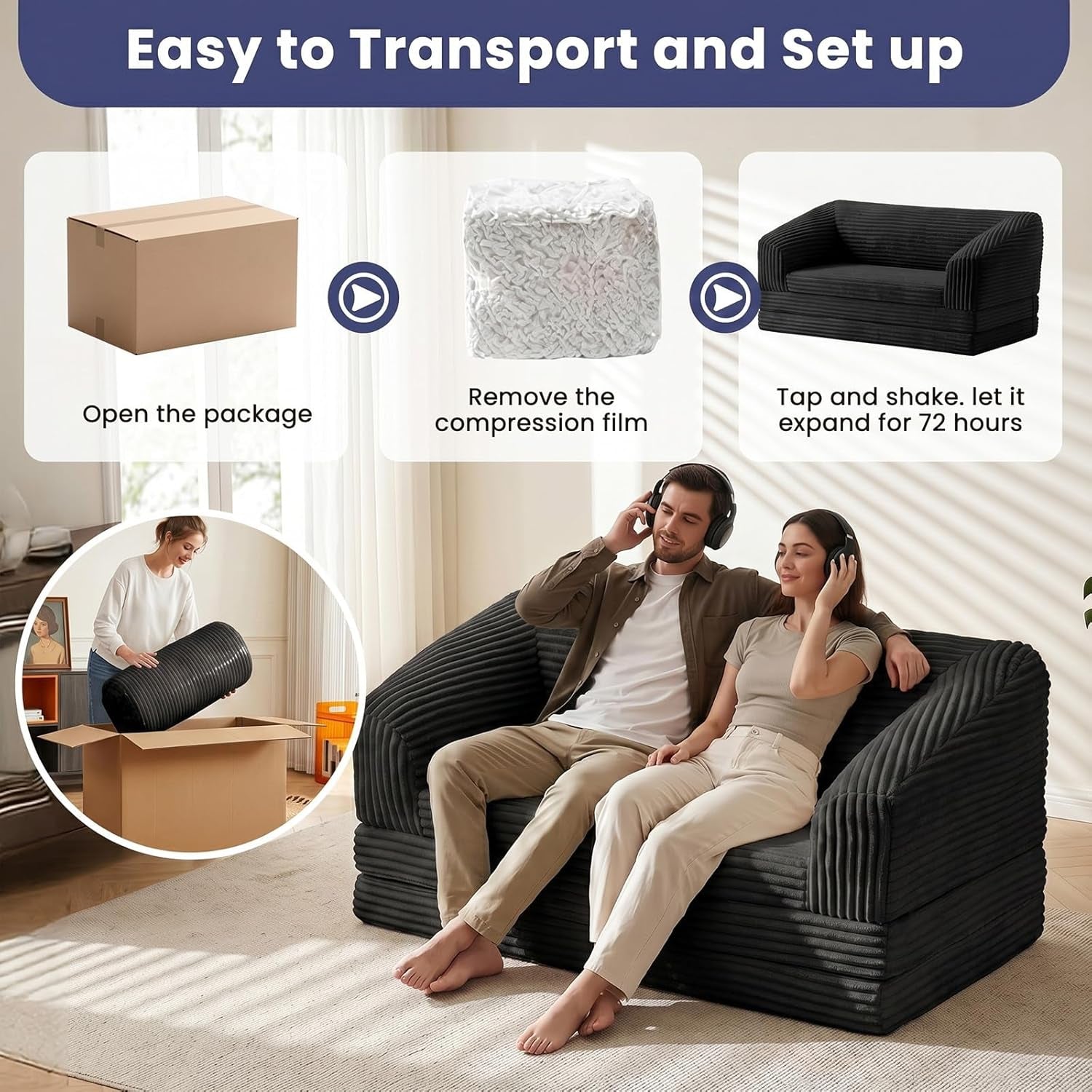 Composite showing a black corduroy loveseat in a living room and small panels of unpacking steps and a person removing the