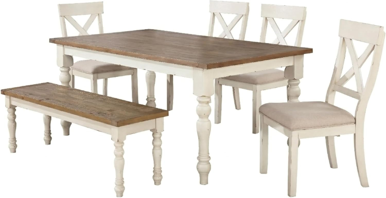 Antique-white dining table set with four cross-back chairs and matching bench
